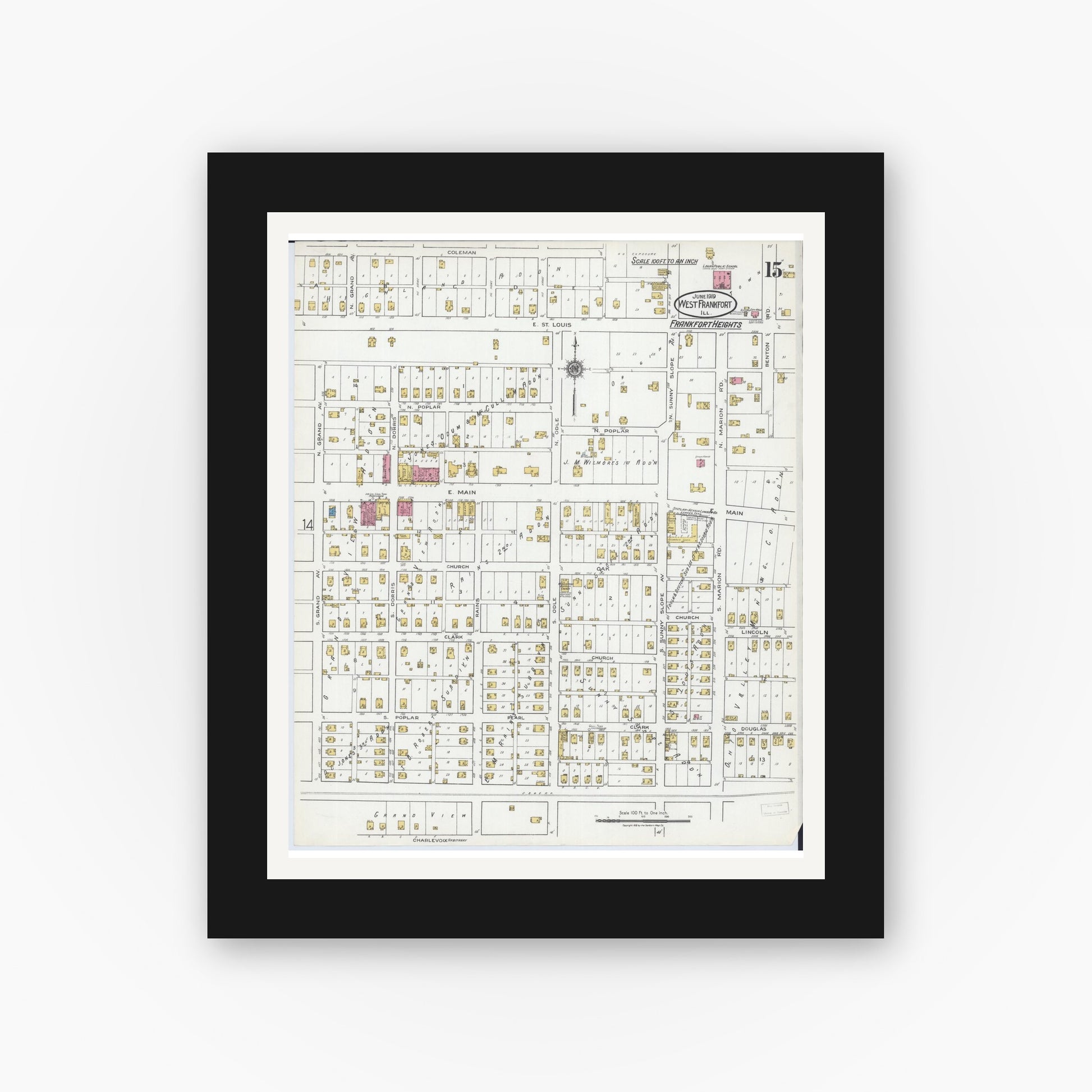 Old map wall art mockup — black gallery frame with white mat — Sanborn Fire Insurance Map from West Frankfort, Franklin County, Illinois (1919), Sheet #0015