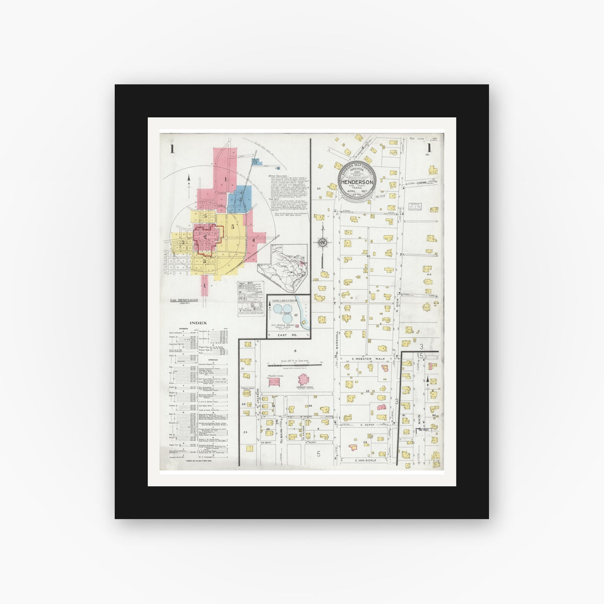Old map wall art mockup — black gallery frame with white mat — Sanborn Fire Insurance Map from Henderson, Rusk County, Texas (1927) - Complete Map Set