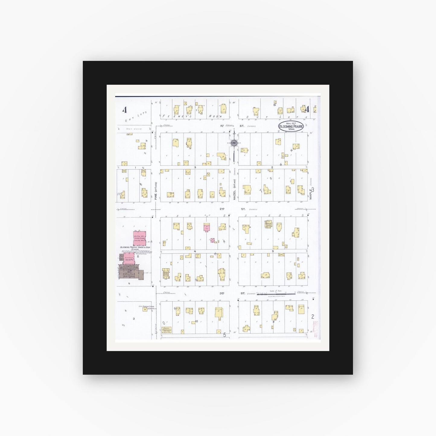 Old map wall art mockup — black gallery frame with white mat — Sanborn Fire Insurance Map from Blooming Prairie, Steele County, Minnesota (1927), Sheet #0004