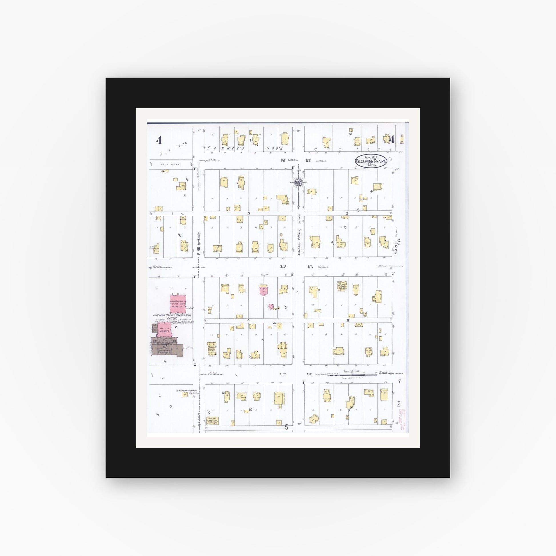 Old map wall art mockup — black gallery frame with white mat — Sanborn Fire Insurance Map from Blooming Prairie, Steele County, Minnesota (1927), Sheet #0004