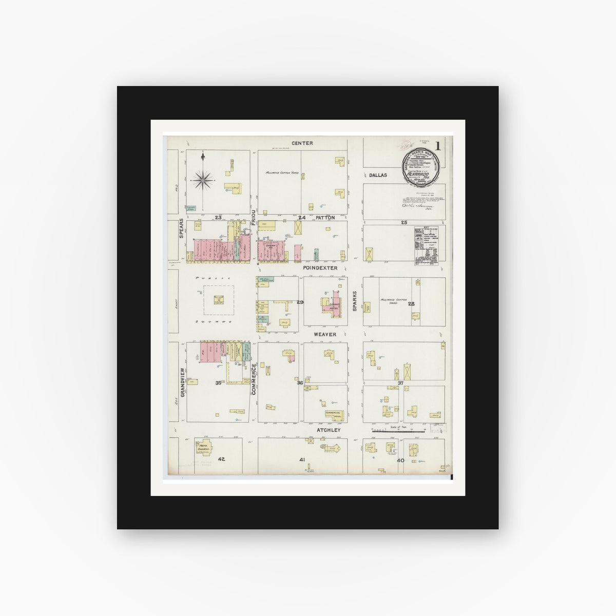 Old map wall art mockup — black gallery frame with white mat — Sanborn Fire Insurance Map from Alvarado, Johnson County, Texas (1891) - Complete Map Set