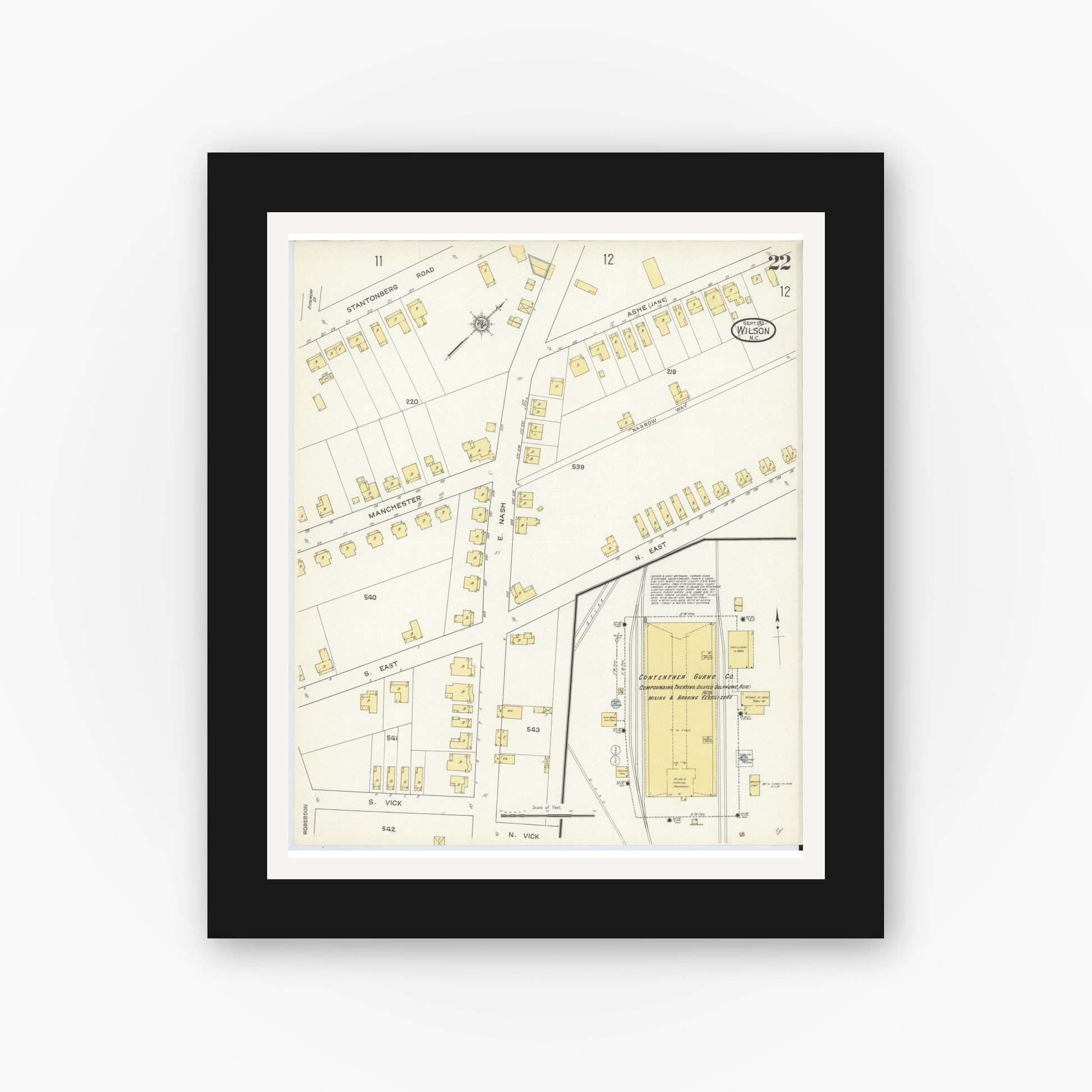 Old map wall art mockup — black gallery frame with white mat — Sanborn Fire Insurance Map from Wilson, Wilson County, North Carolina (1913), Sheet #0022