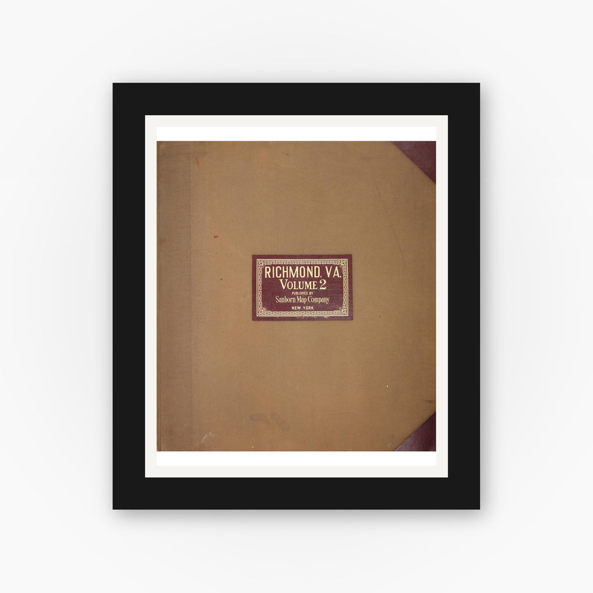 Old map wall art mockup — black gallery frame with white mat — Sanborn Fire Insurance Map from Richmond, Independent Cities, Virginia (1950), Sheet #0001