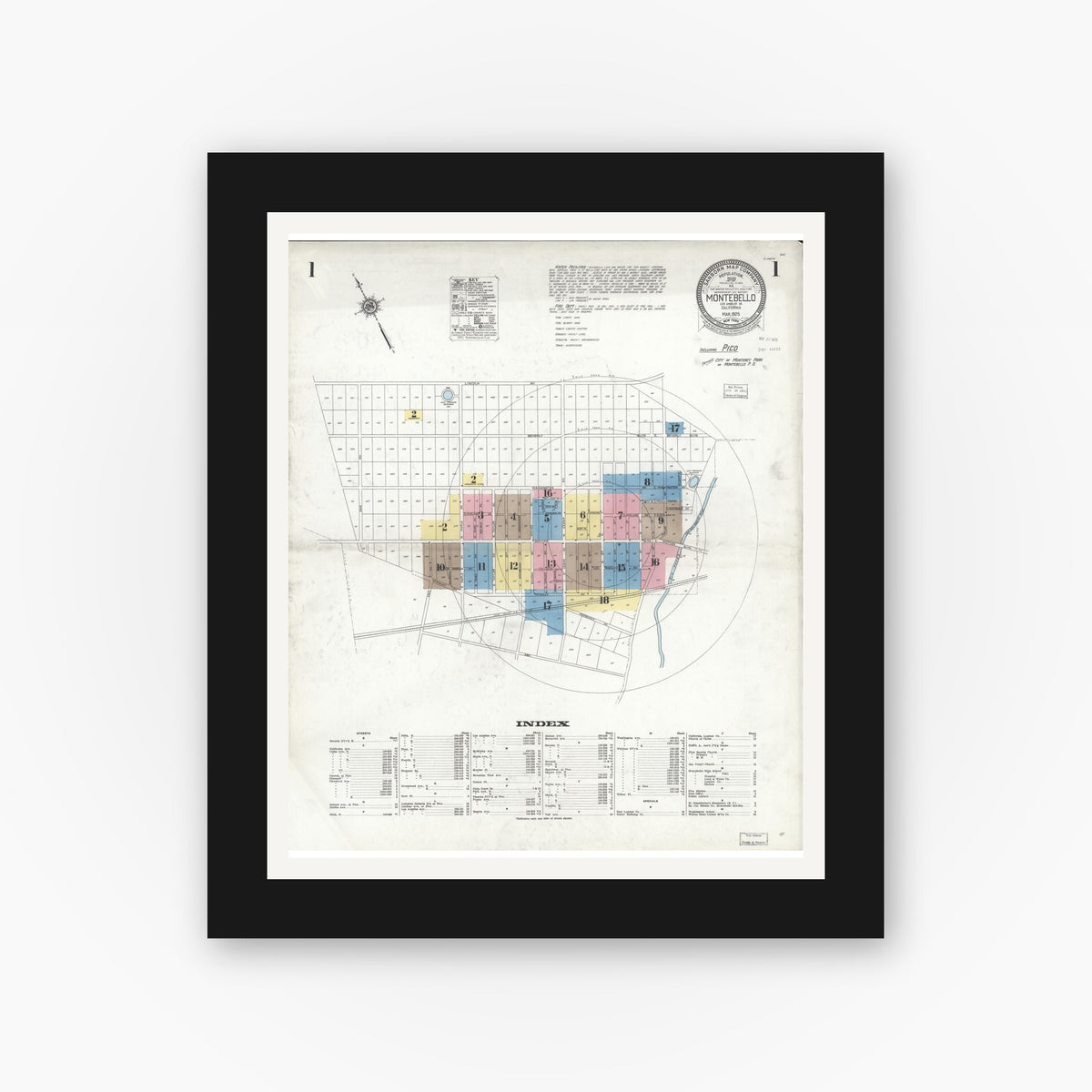 Old map wall art mockup — black gallery frame with white mat — Sanborn Fire Insurance Map from Montebello, Los Angeles County, California (1925) - Complete Map Set