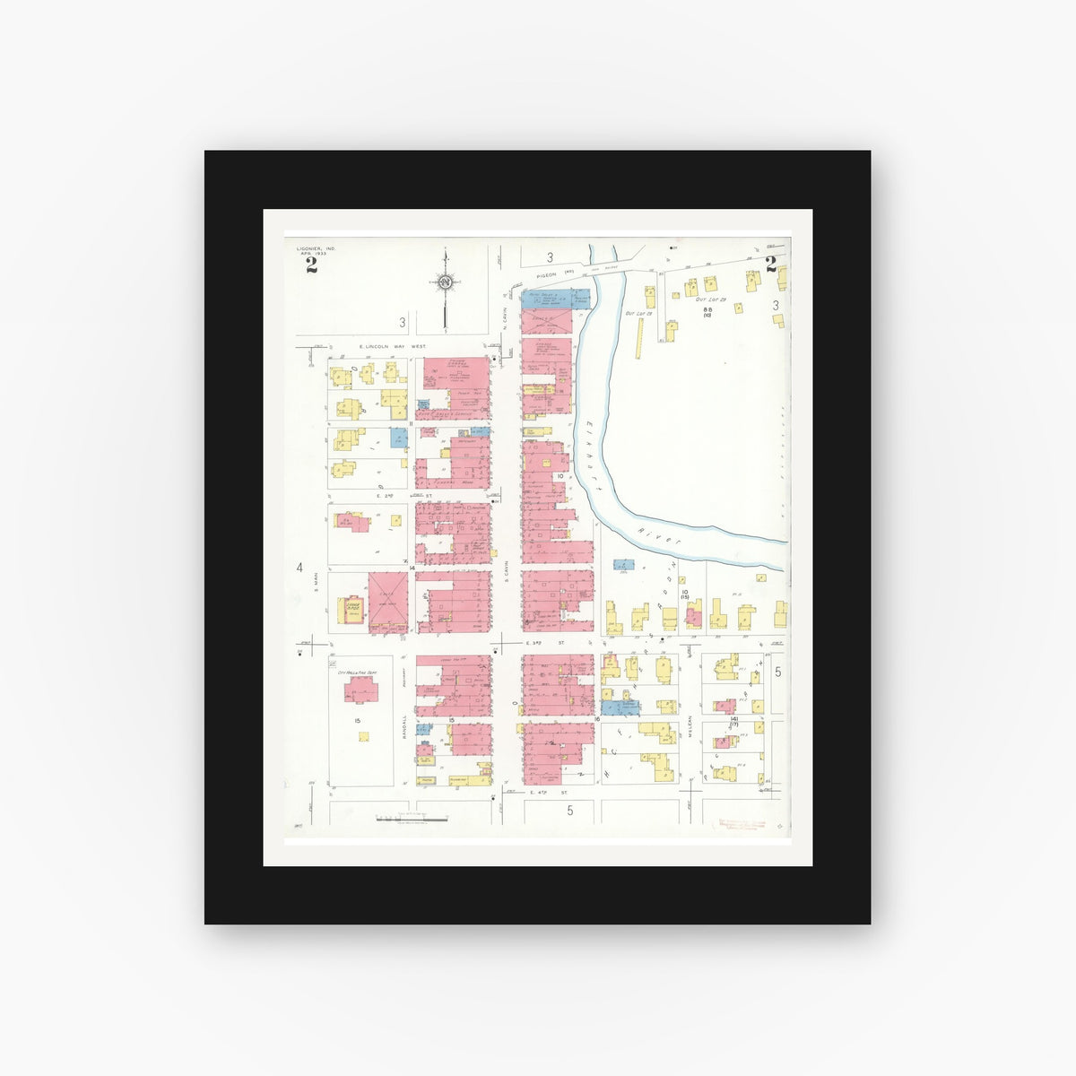 Old map wall art mockup — black gallery frame with white mat — Sanborn Fire Insurance Map from Ligonier, Noble County, Indiana (1933), Sheet #0002