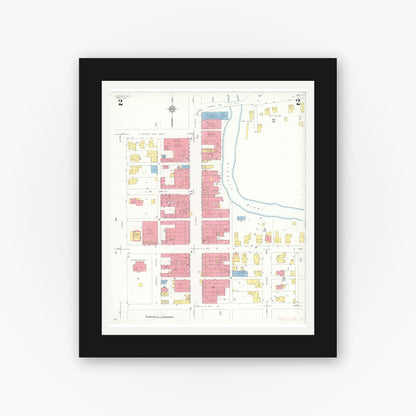 Old map wall art mockup — black gallery frame with white mat — Sanborn Fire Insurance Map from Ligonier, Noble County, Indiana (1933), Sheet #0002