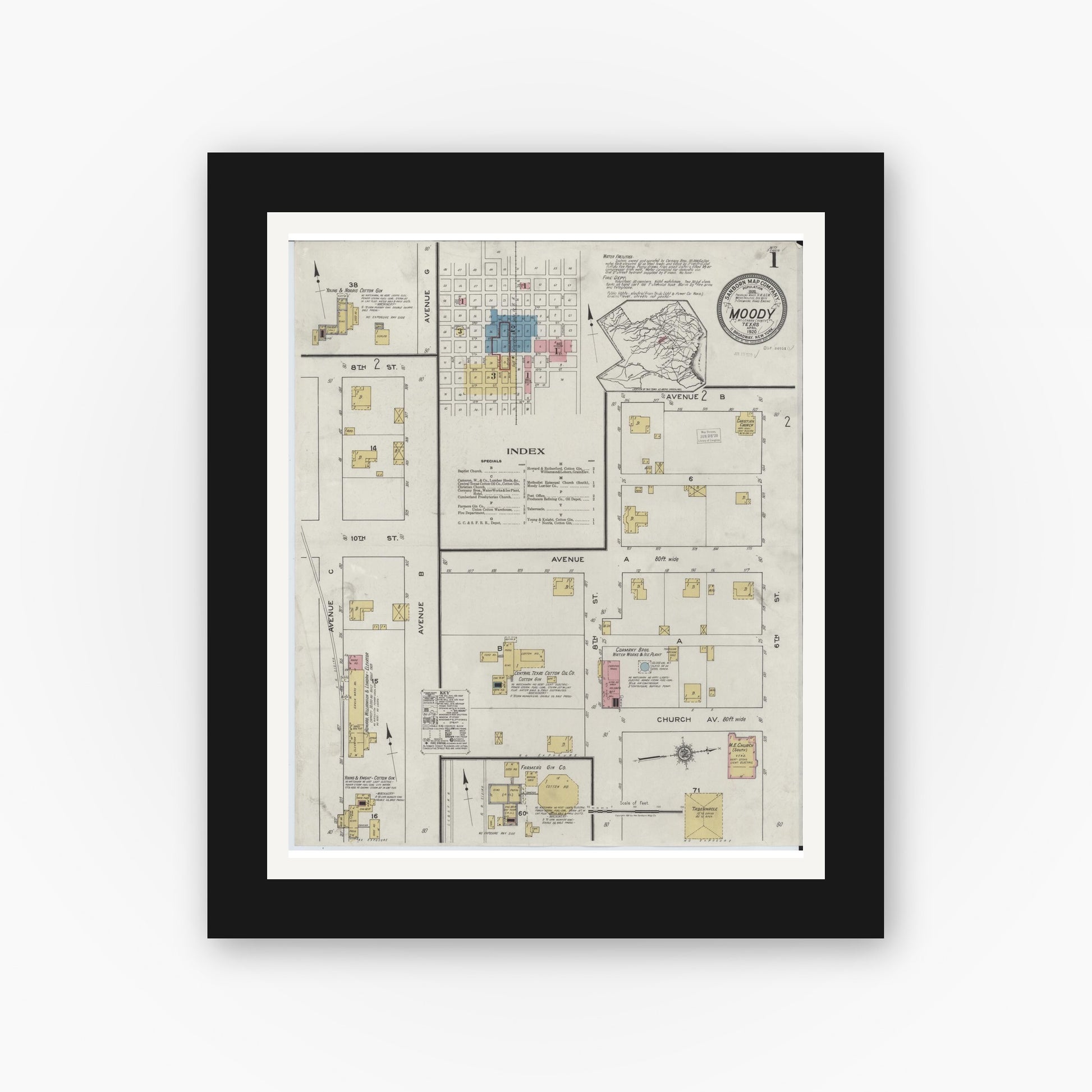 Old map wall art mockup — black gallery frame with white mat — Sanborn Fire Insurance Map from Moody, McLennan County, Texas (1920), Sheet #0001