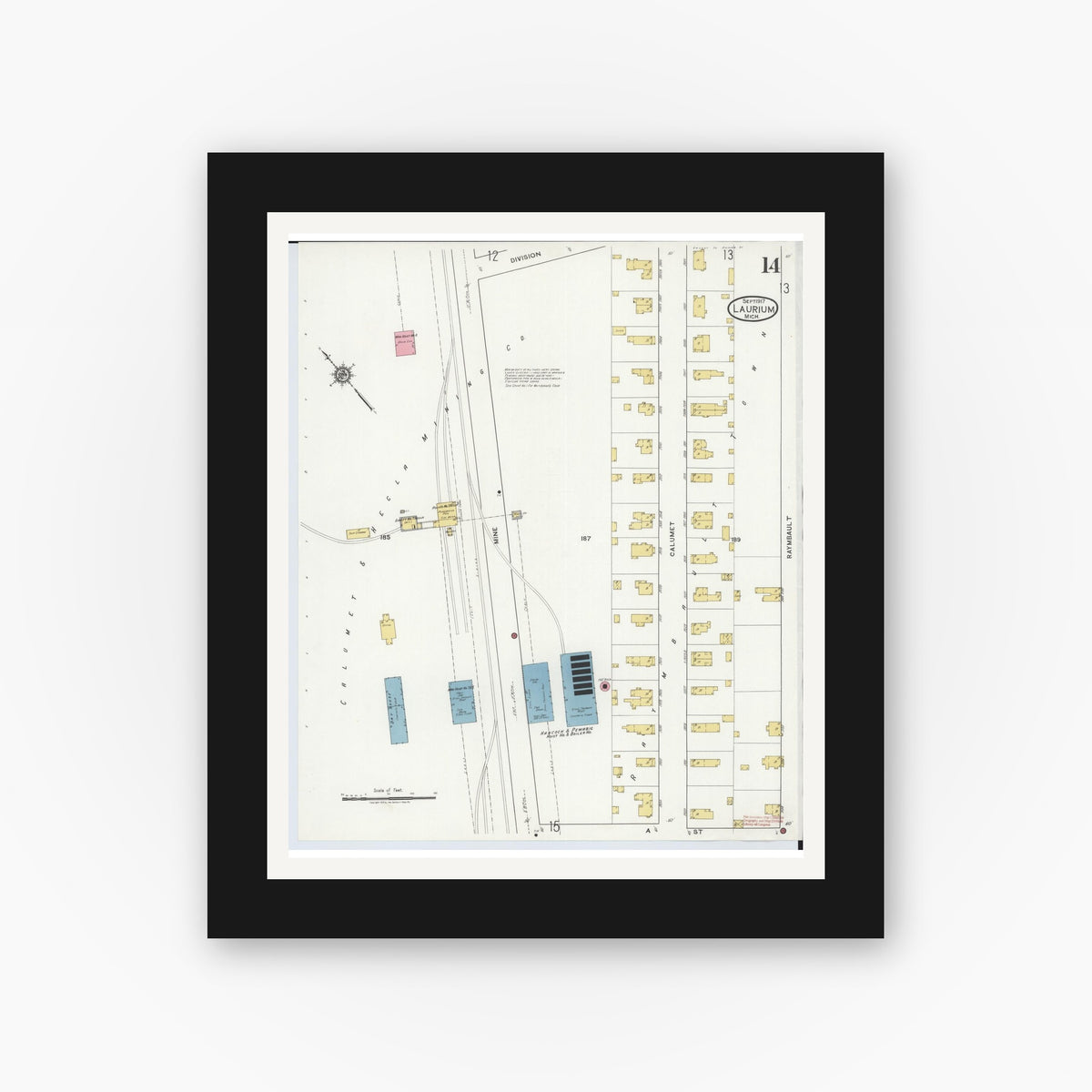 Old map wall art mockup — black gallery frame with white mat — Sanborn Fire Insurance Map from Laurium, Houghton County, Michigan (1917), Sheet #0014