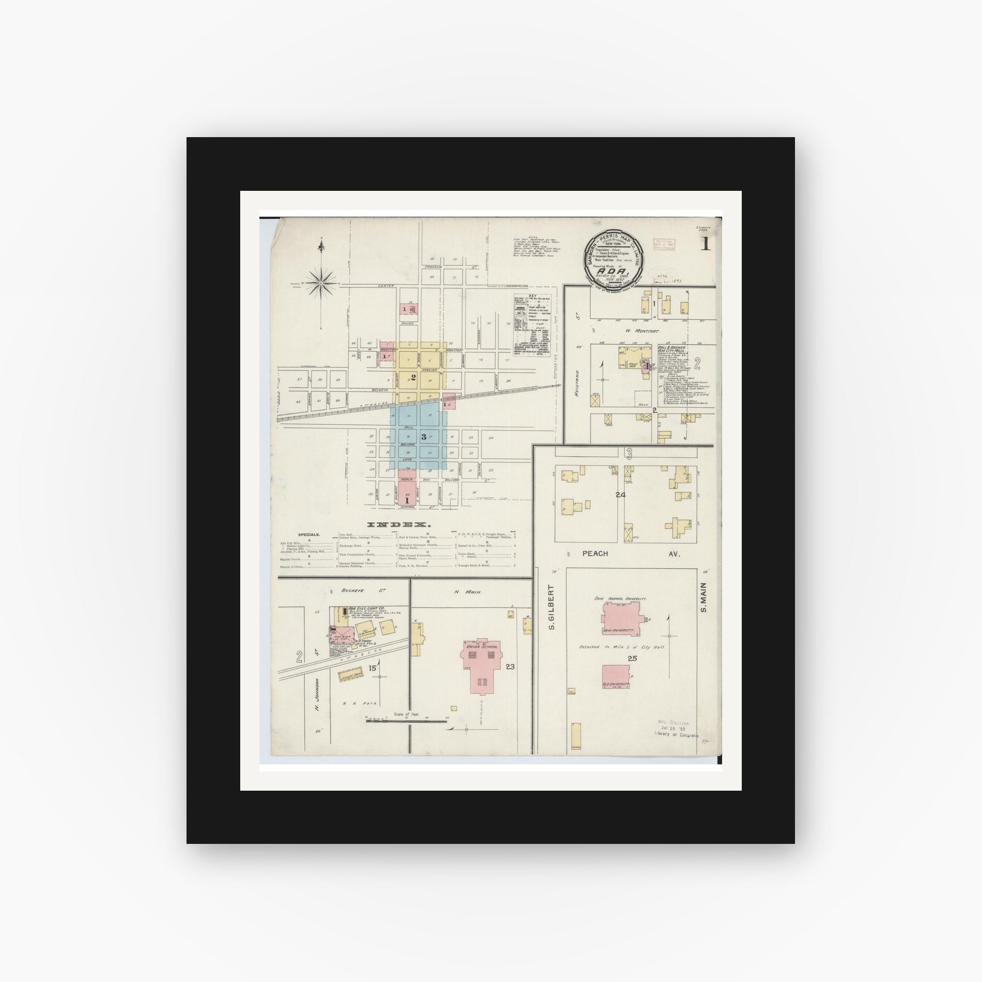 Old map wall art mockup — black gallery frame with white mat — Sanborn Fire Insurance Map from Ada, Hardin County, Ohio (1892), Sheet #0001