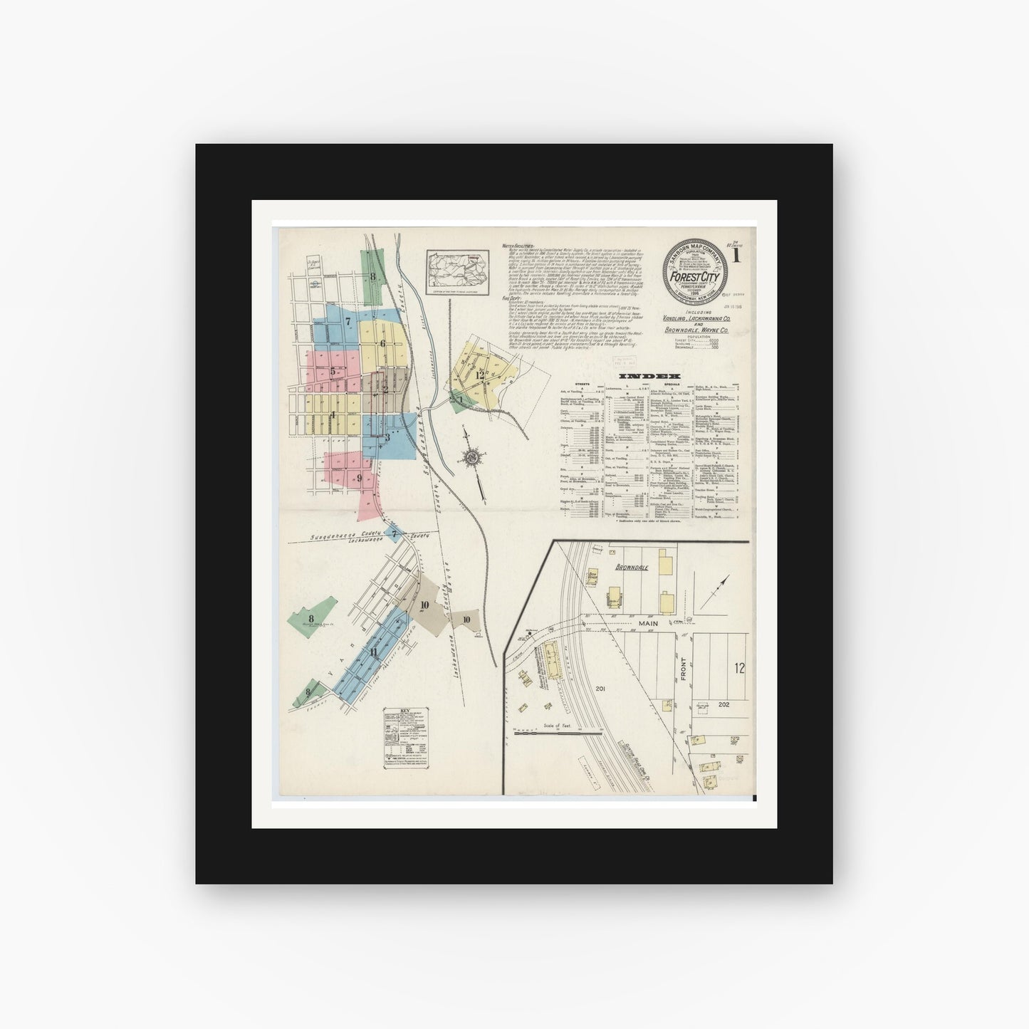 Old map wall art mockup — black gallery frame with white mat — Sanborn Fire Insurance Map from Forest City, Susquehanna County, Pennsylvania (1914) - Complete Map Set