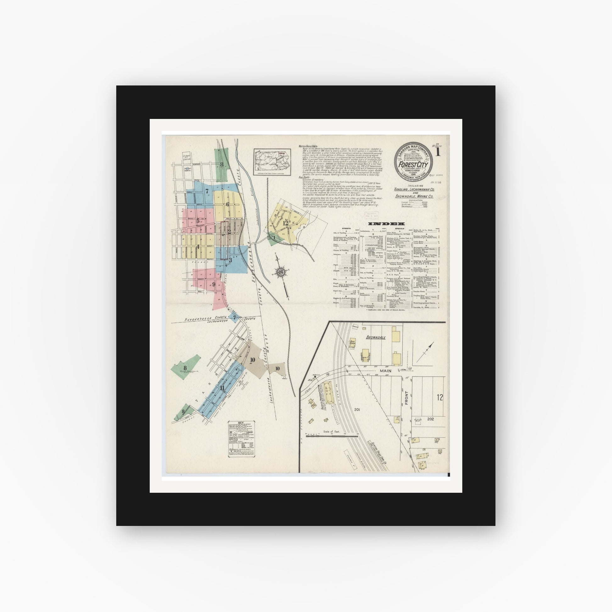 Old map wall art mockup — black gallery frame with white mat — Sanborn Fire Insurance Map from Forest City, Susquehanna County, Pennsylvania (1914) - Complete Map Set