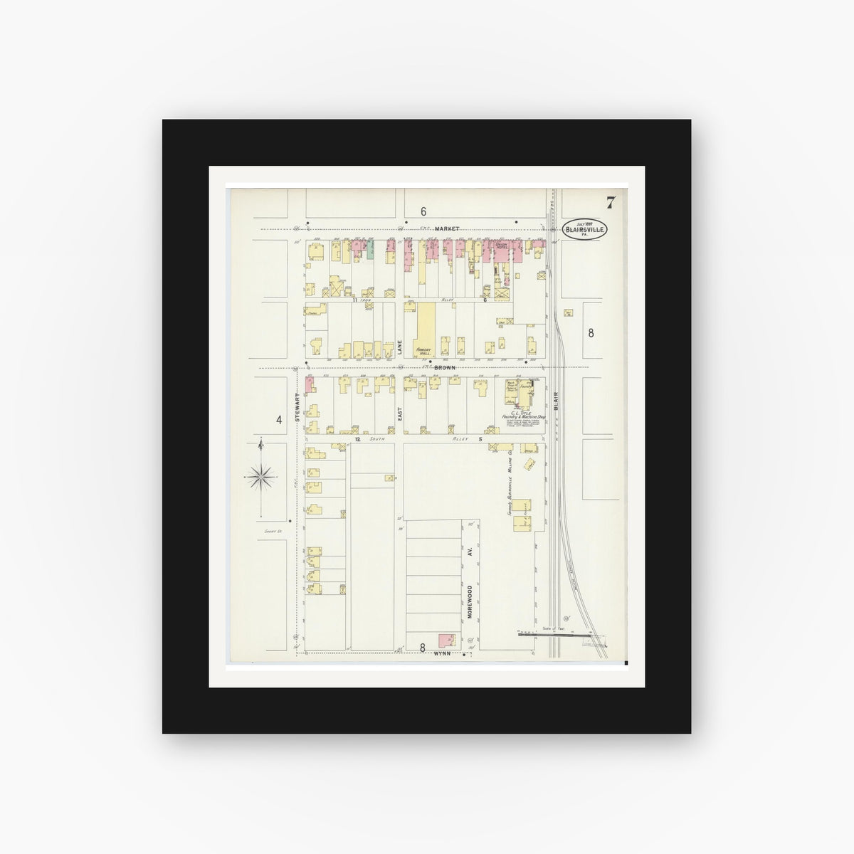 Old map wall art mockup — black gallery frame with white mat — Sanborn Fire Insurance Map from Blairsville, Indiana County, Pennsylvania (1897), Sheet #0007