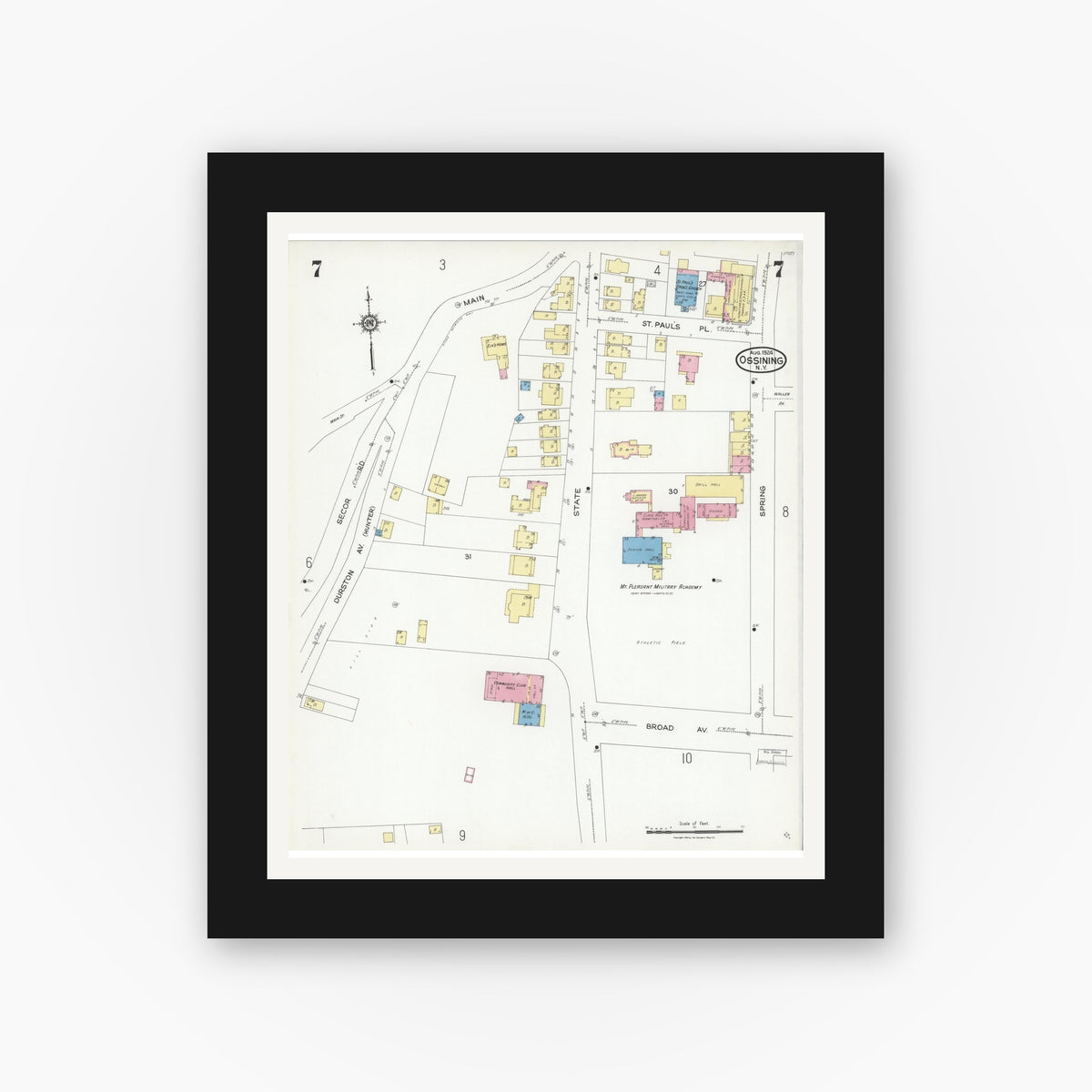 Old map wall art mockup — black gallery frame with white mat — Sanborn Fire Insurance Map from Ossining, Westchester County, New York (1924), Sheet #0007