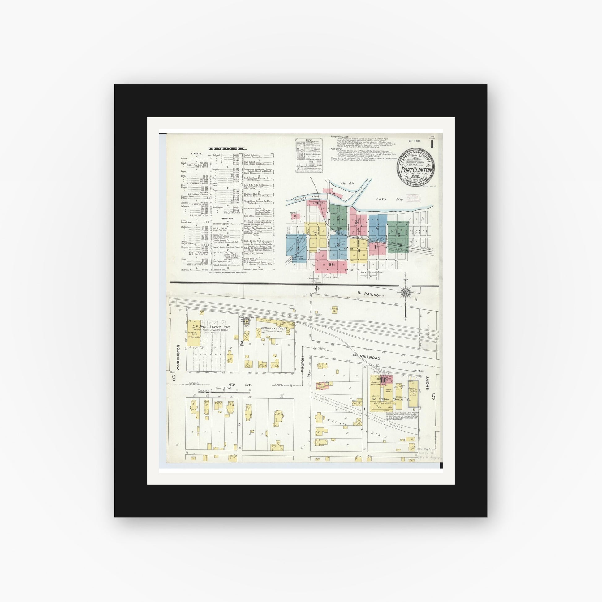Old map wall art mockup — black gallery frame with white mat — Sanborn Fire Insurance Map from Port Clinton, Ottawa County, Ohio (1910) - Complete Map Set