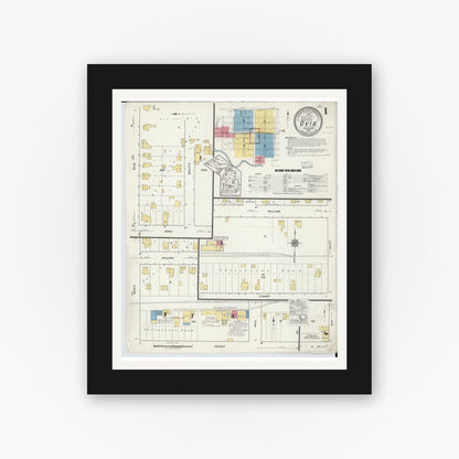 Old map wall art mockup — black gallery frame with white mat — Sanborn Fire Insurance Map from Ovid, Clinton County, Michigan (1918), Sheet #0001