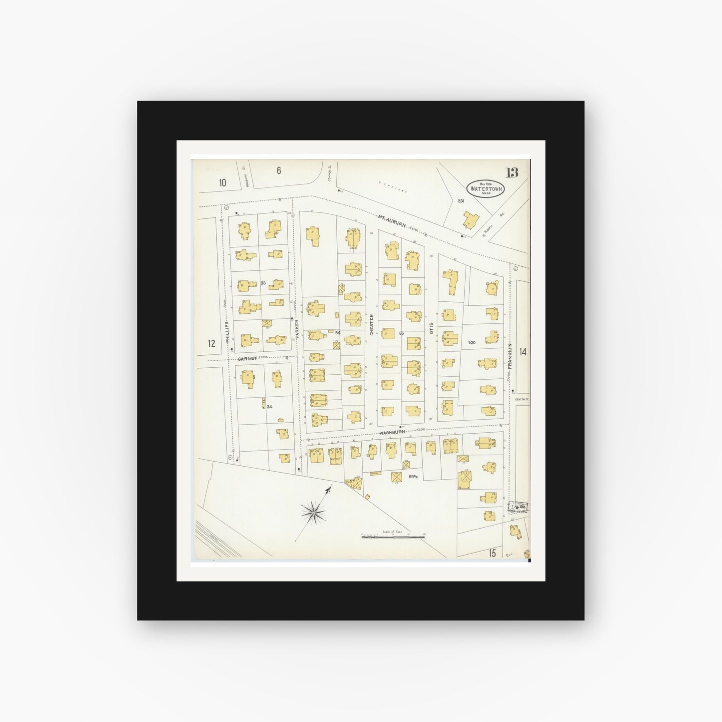 Old map wall art mockup — black gallery frame with white mat — Sanborn Fire Insurance Map from Watertown, Middlesex County, Massachusetts (1904), Sheet #0013