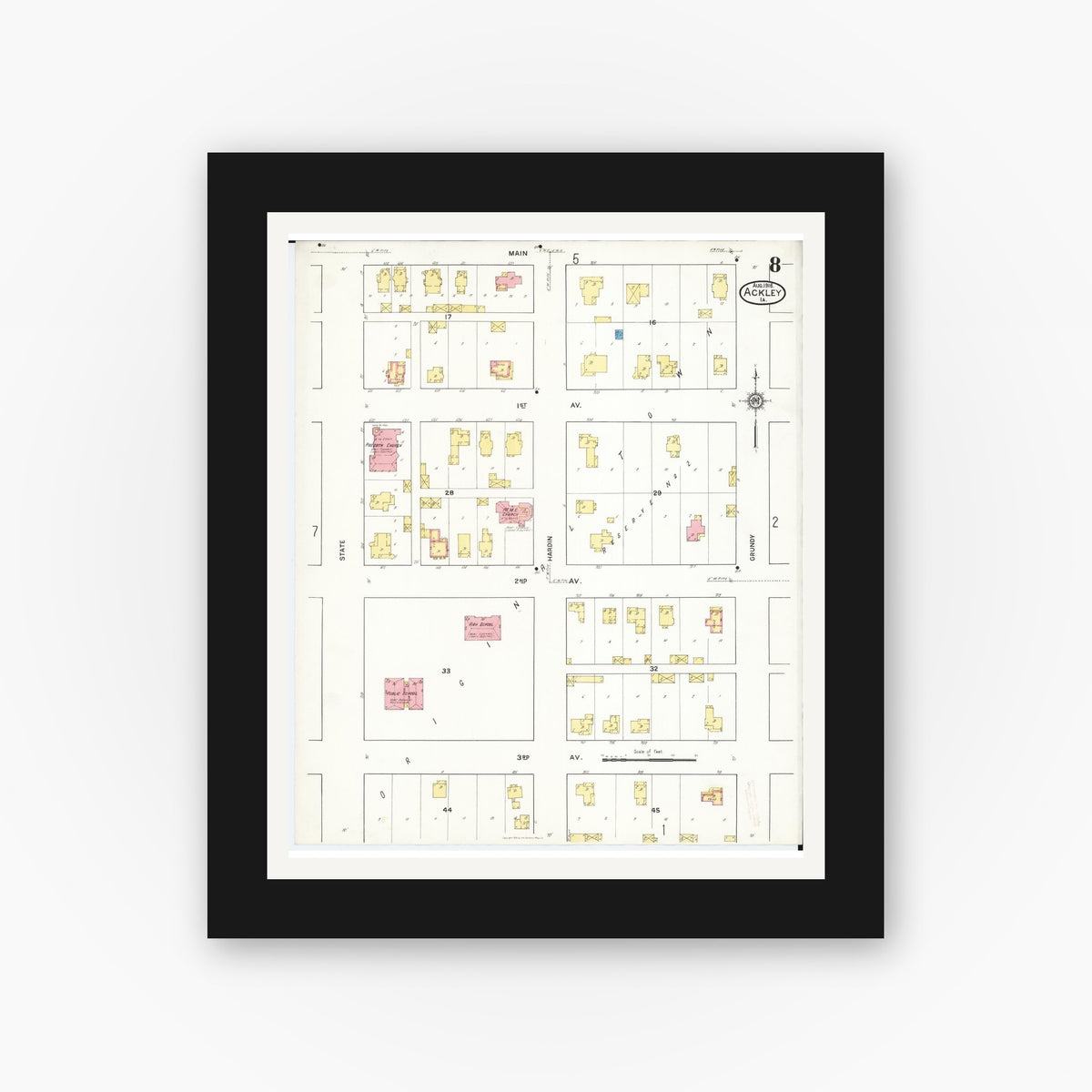 Old map wall art mockup — black gallery frame with white mat — Sanborn Fire Insurance Map from Ackley, Hardin and Franklin Counties, Iowa (1916), Sheet #0008