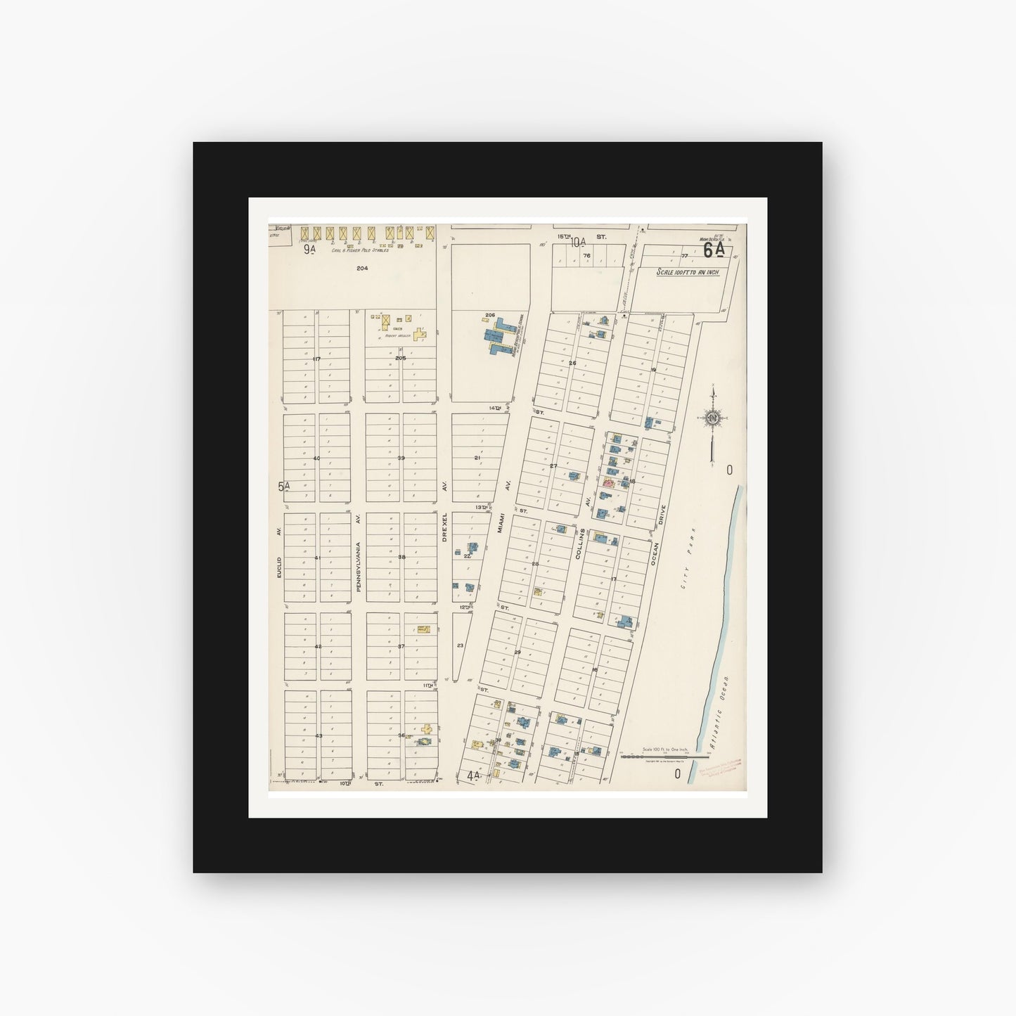 Old map wall art mockup — black gallery frame with white mat — Sanborn Fire Insurance Map from Miami Beach, Dade County, Florida (1921), Sheet #0006