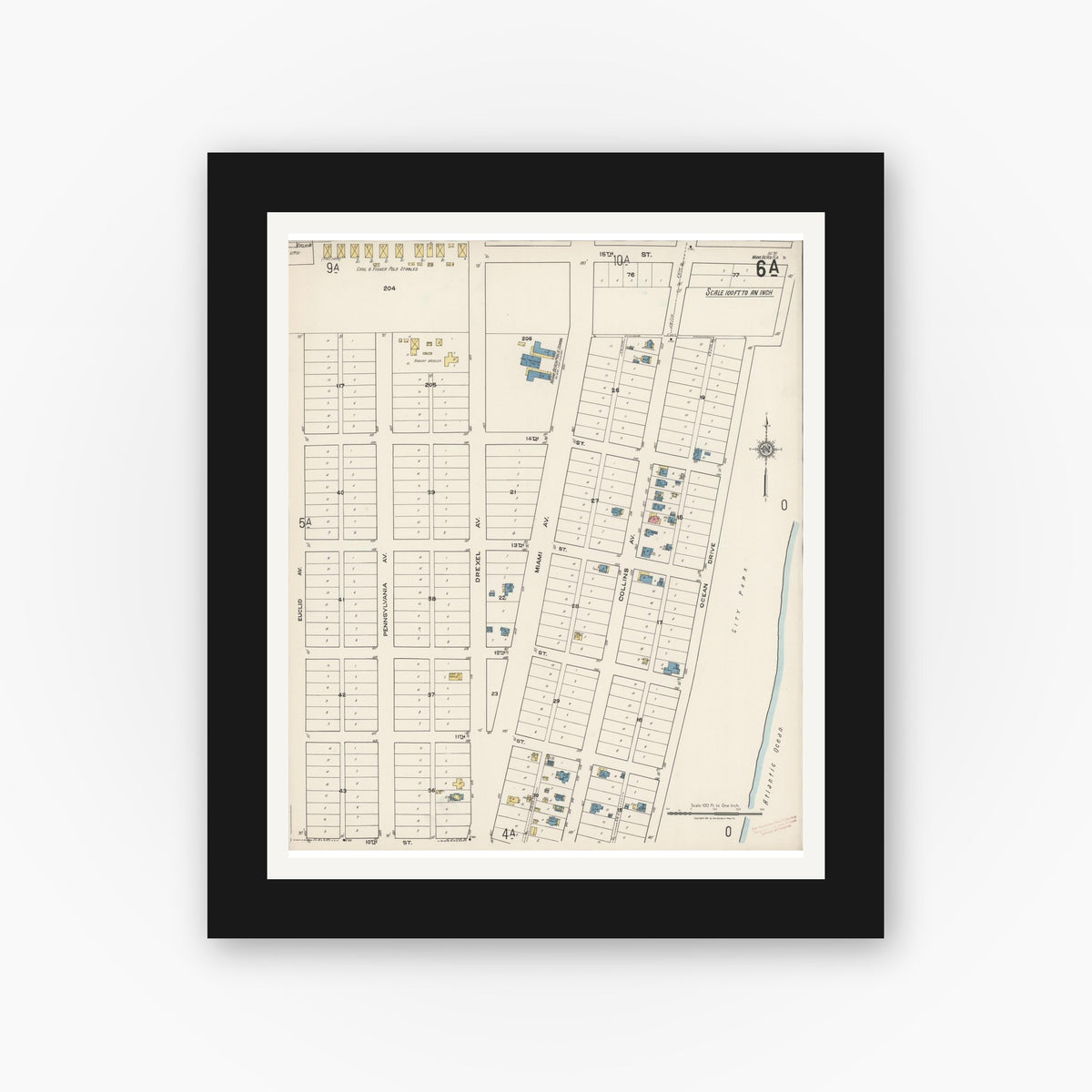 Old map wall art mockup — black gallery frame with white mat — Sanborn Fire Insurance Map from Miami Beach, Dade County, Florida (1921), Sheet #0006