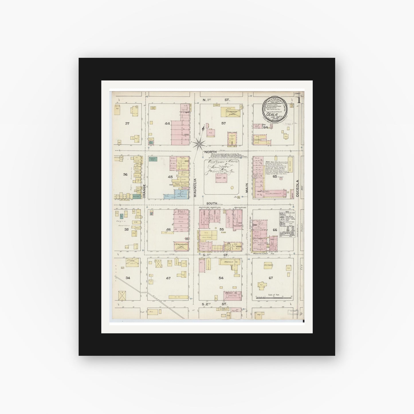 Old map wall art mockup — black gallery frame with white mat — Sanborn Fire Insurance Map from Ocala, Marion County, Florida (1888), Sheet #0001