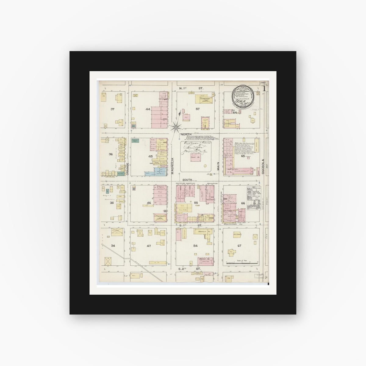 Old map wall art mockup — black gallery frame with white mat — Sanborn Fire Insurance Map from Ocala, Marion County, Florida (1888), Sheet #0001