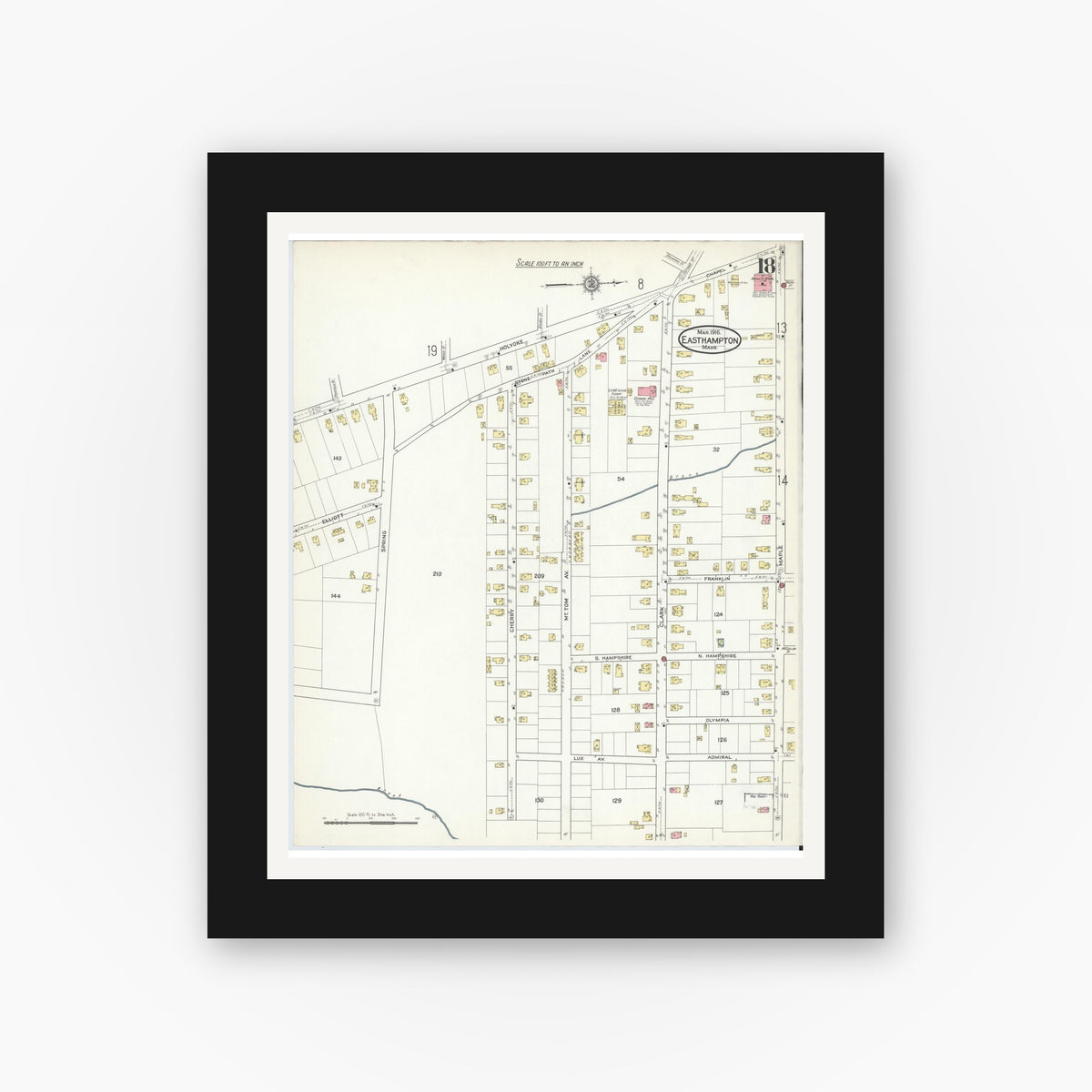 Old map wall art mockup — black gallery frame with white mat — Sanborn Fire Insurance Map from East Hampton, Hampshire County, Massachusetts (1916), Sheet #0018