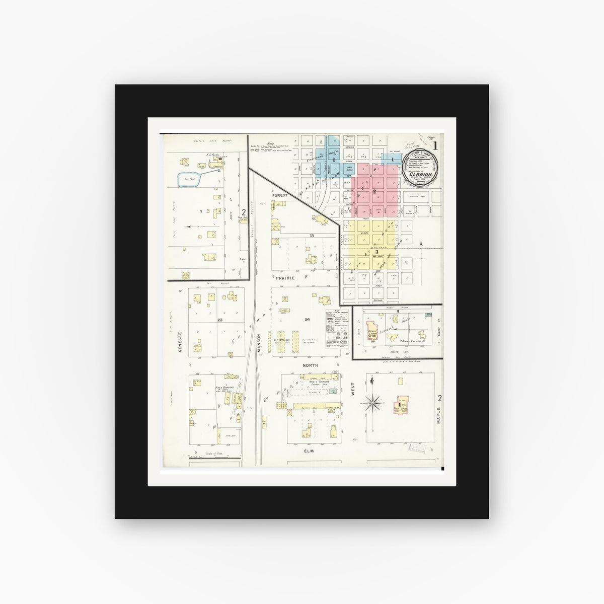 Old map wall art mockup — black gallery frame with white mat — Sanborn Fire Insurance Map from Clarion, Wright County, Iowa (1896), Sheet #0001