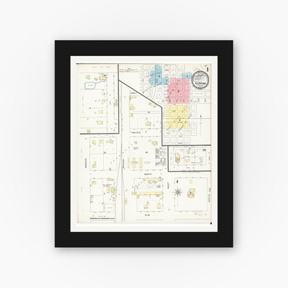 Old map wall art mockup — black gallery frame with white mat — Sanborn Fire Insurance Map from Clarion, Wright County, Iowa (1896), Sheet #0001