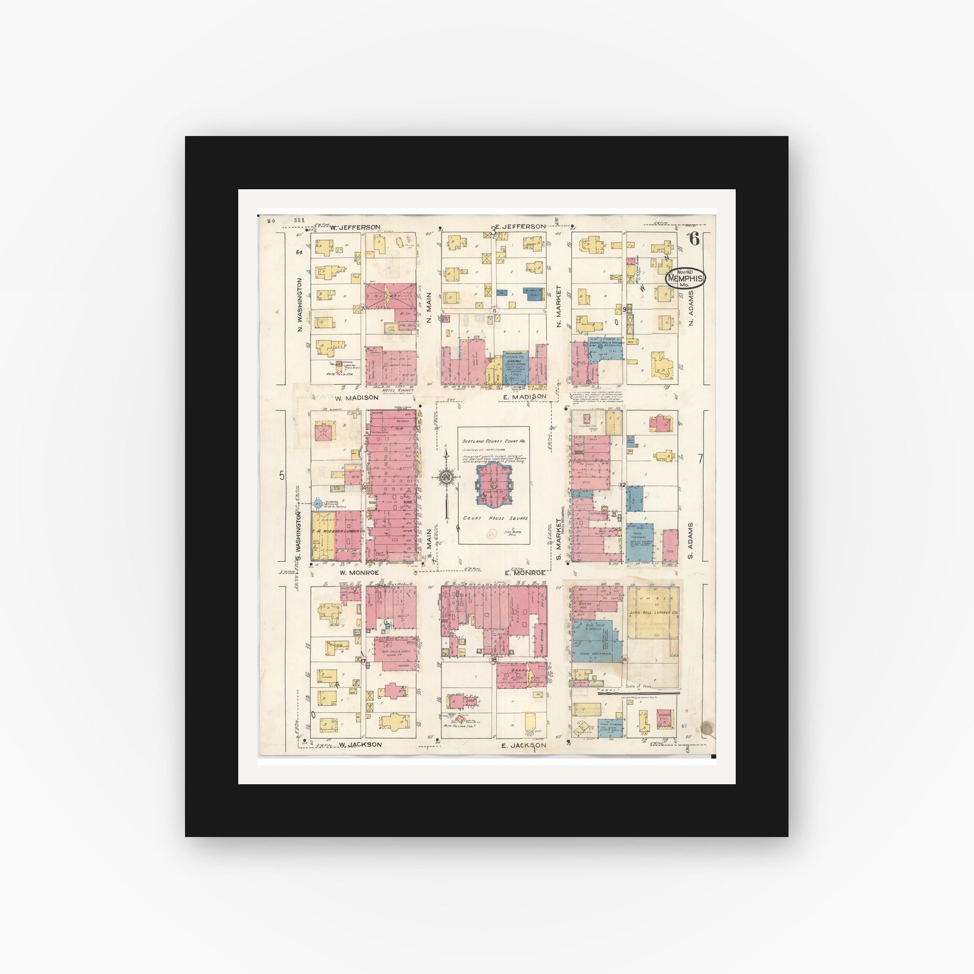 Old map wall art mockup — black gallery frame with white mat — Sanborn Fire Insurance Map from Memphis, Scotland County, Missouri (1936), Sheet #0006