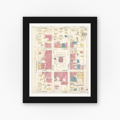 Old map wall art mockup — black gallery frame with white mat — Sanborn Fire Insurance Map from Memphis, Scotland County, Missouri (1936), Sheet #0006