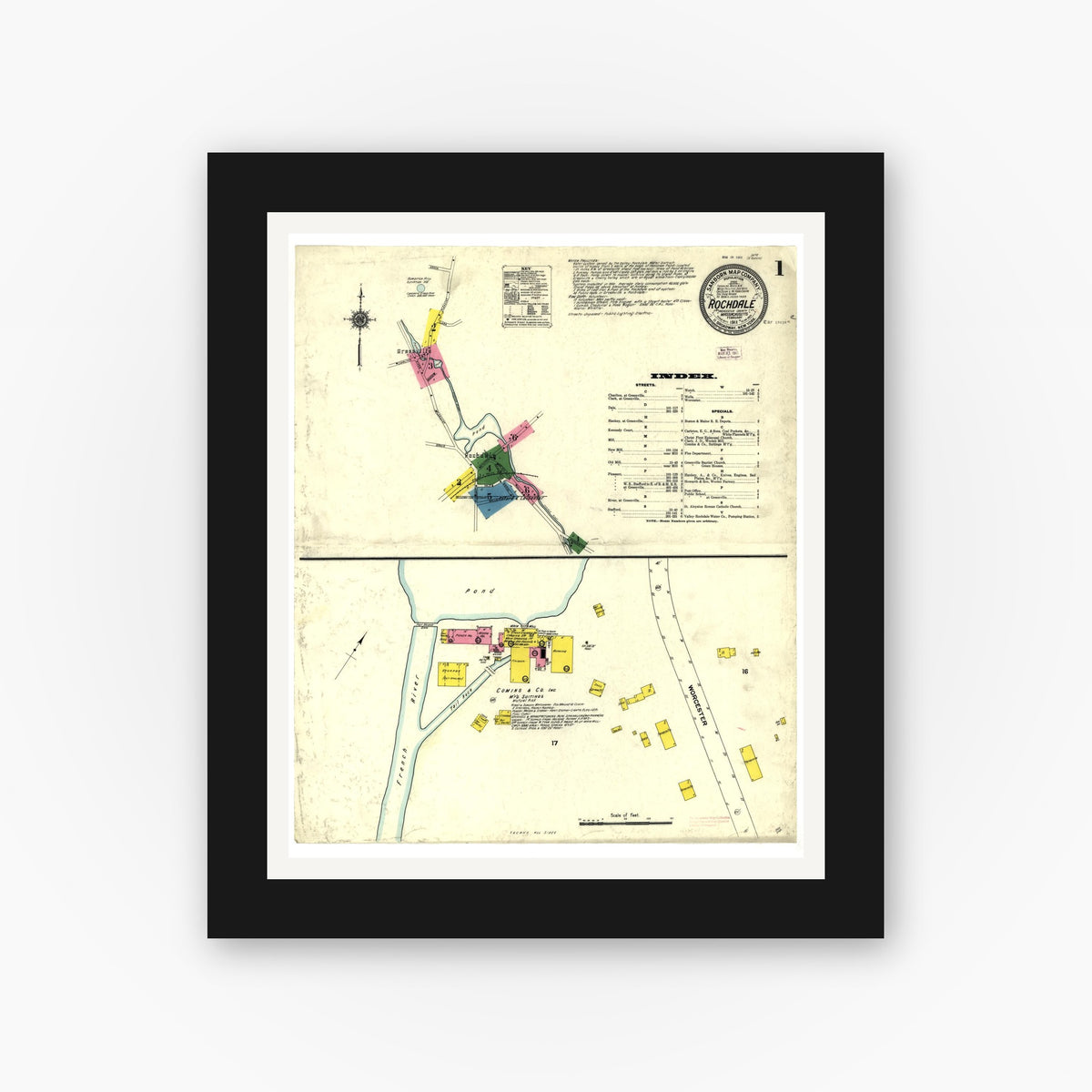 Old map wall art mockup — black gallery frame with white mat — Sanborn Fire Insurance Map from Rochdale, Worcester County, Massachusetts (1911), Sheet #0001