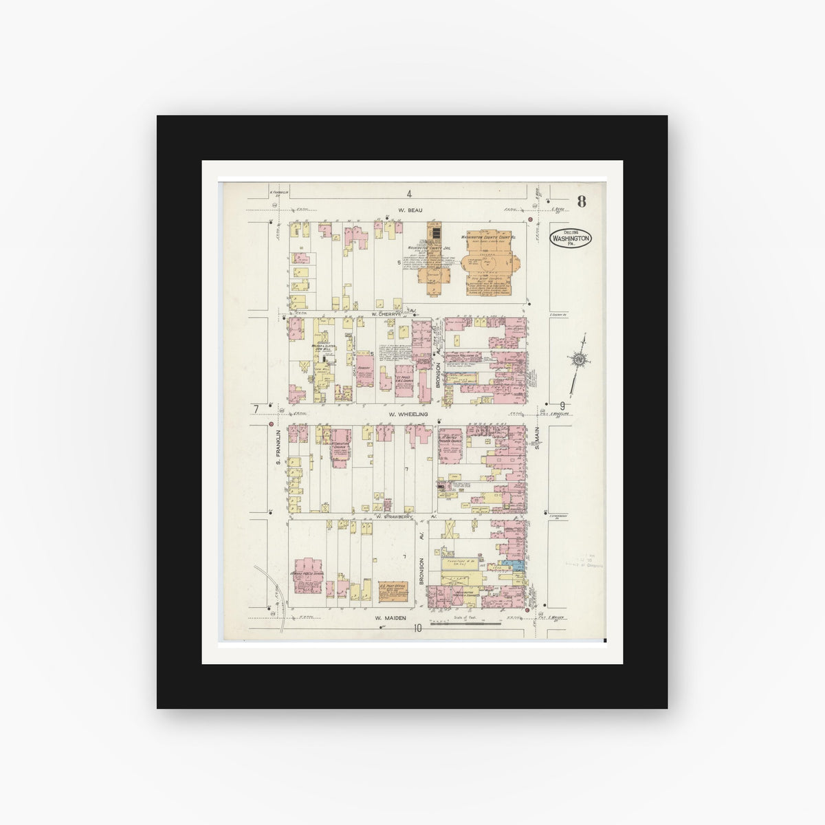 Old map wall art mockup — black gallery frame with white mat — Sanborn Fire Insurance Map from Washington, Washington County, Pennsylvania (1914), Sheet #0008
