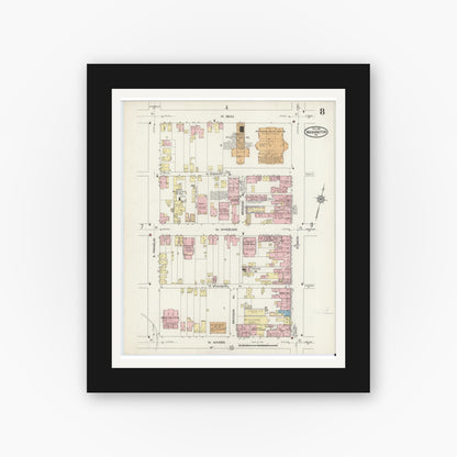 Old map wall art mockup — black gallery frame with white mat — Sanborn Fire Insurance Map from Washington, Washington County, Pennsylvania (1914), Sheet #0008