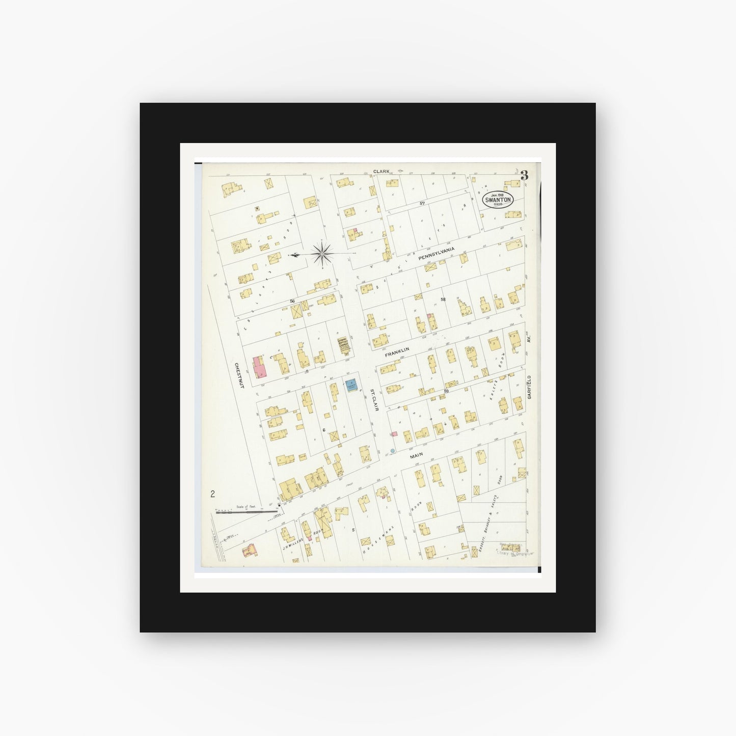 Old map wall art mockup — black gallery frame with white mat — Sanborn Fire Insurance Map from Swanton, Fulton County, Ohio (1908), Sheet #0003