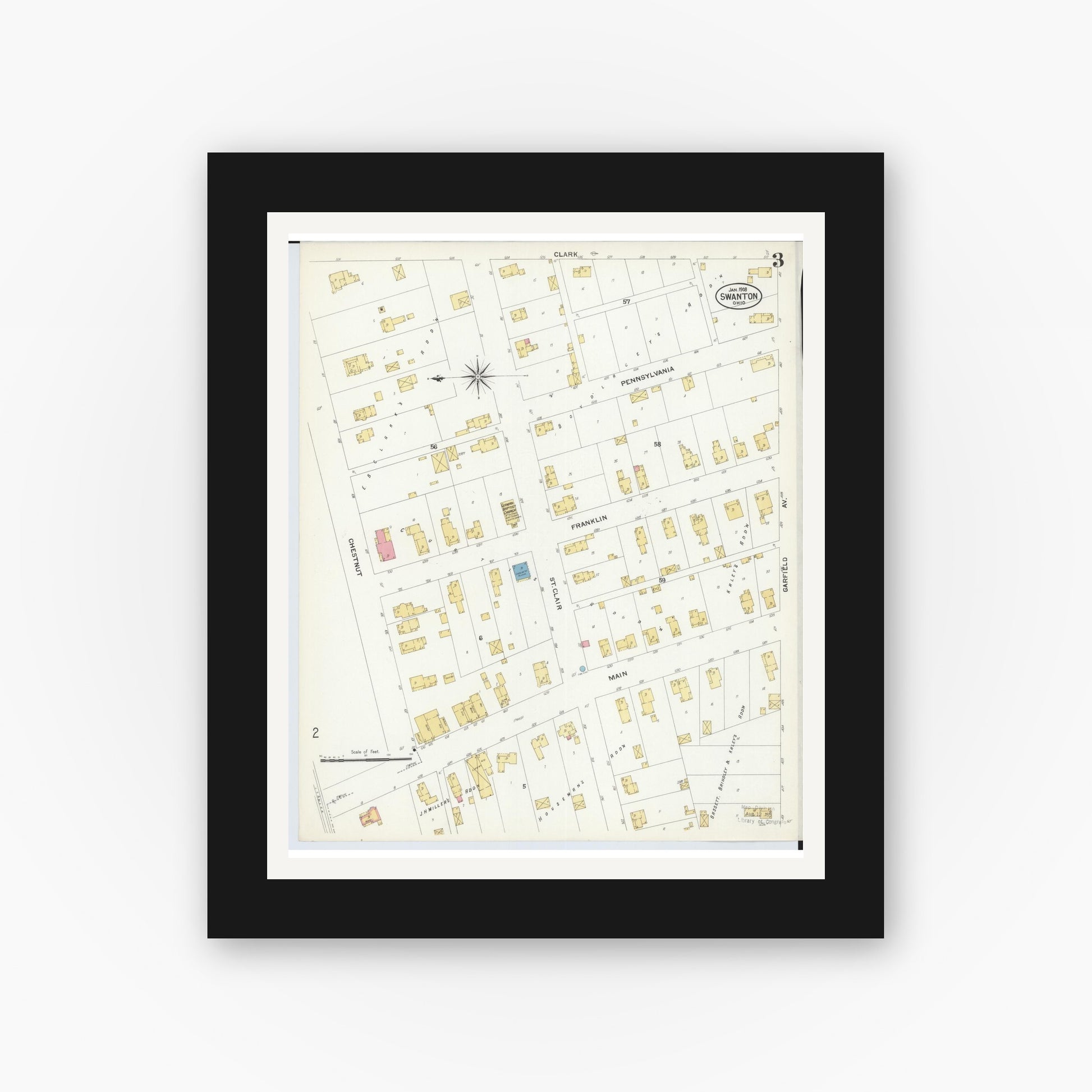 Old map wall art mockup — black gallery frame with white mat — Sanborn Fire Insurance Map from Swanton, Fulton County, Ohio (1908), Sheet #0003
