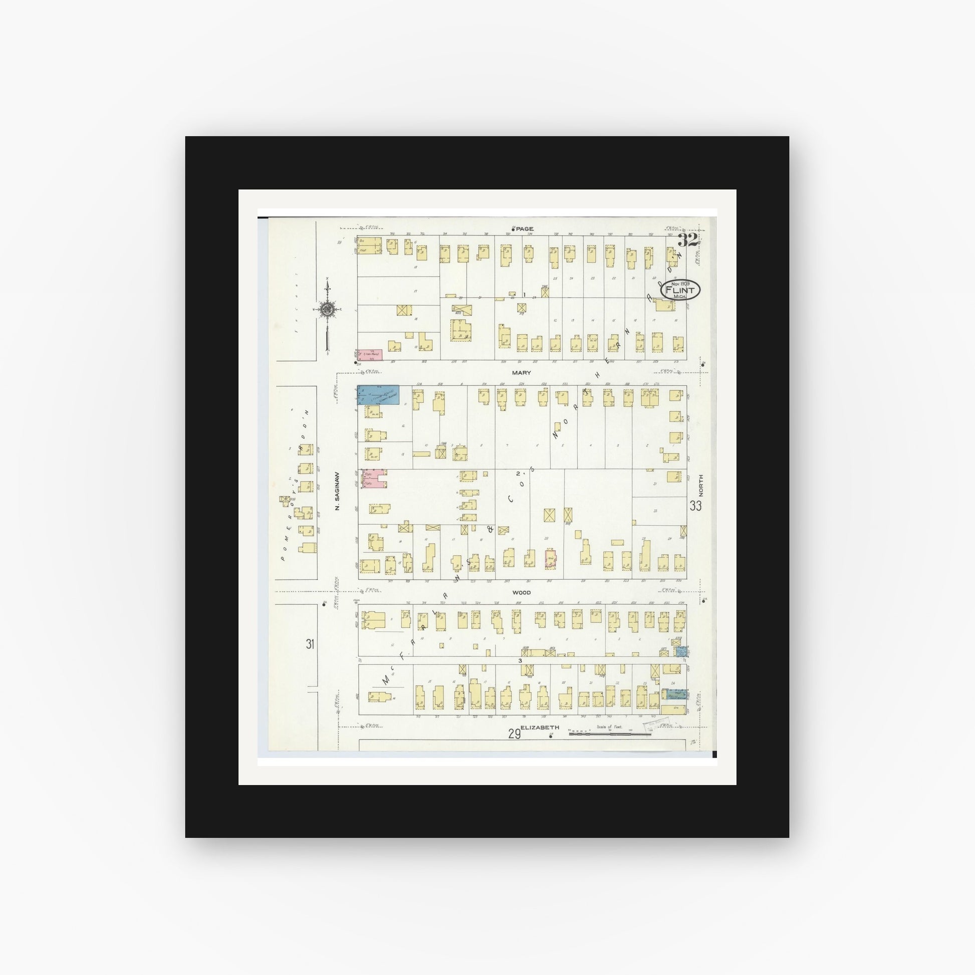 Old map wall art mockup — black gallery frame with white mat — Sanborn Fire Insurance Map from Flint, Genesee County, Michigan (1909), Sheet #0032