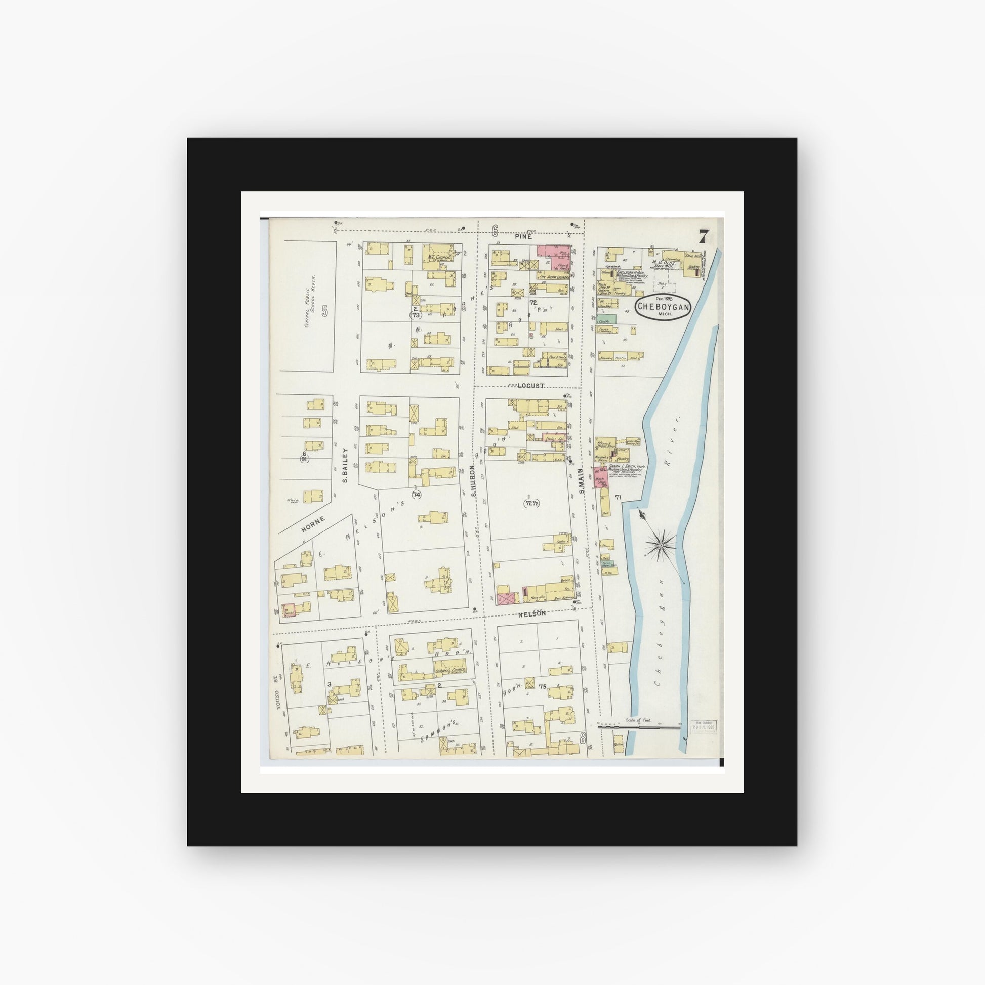 Old map wall art mockup — black gallery frame with white mat — Sanborn Fire Insurance Map from Cheboygan, Cheboygan County, Michigan (1895), Sheet #0007