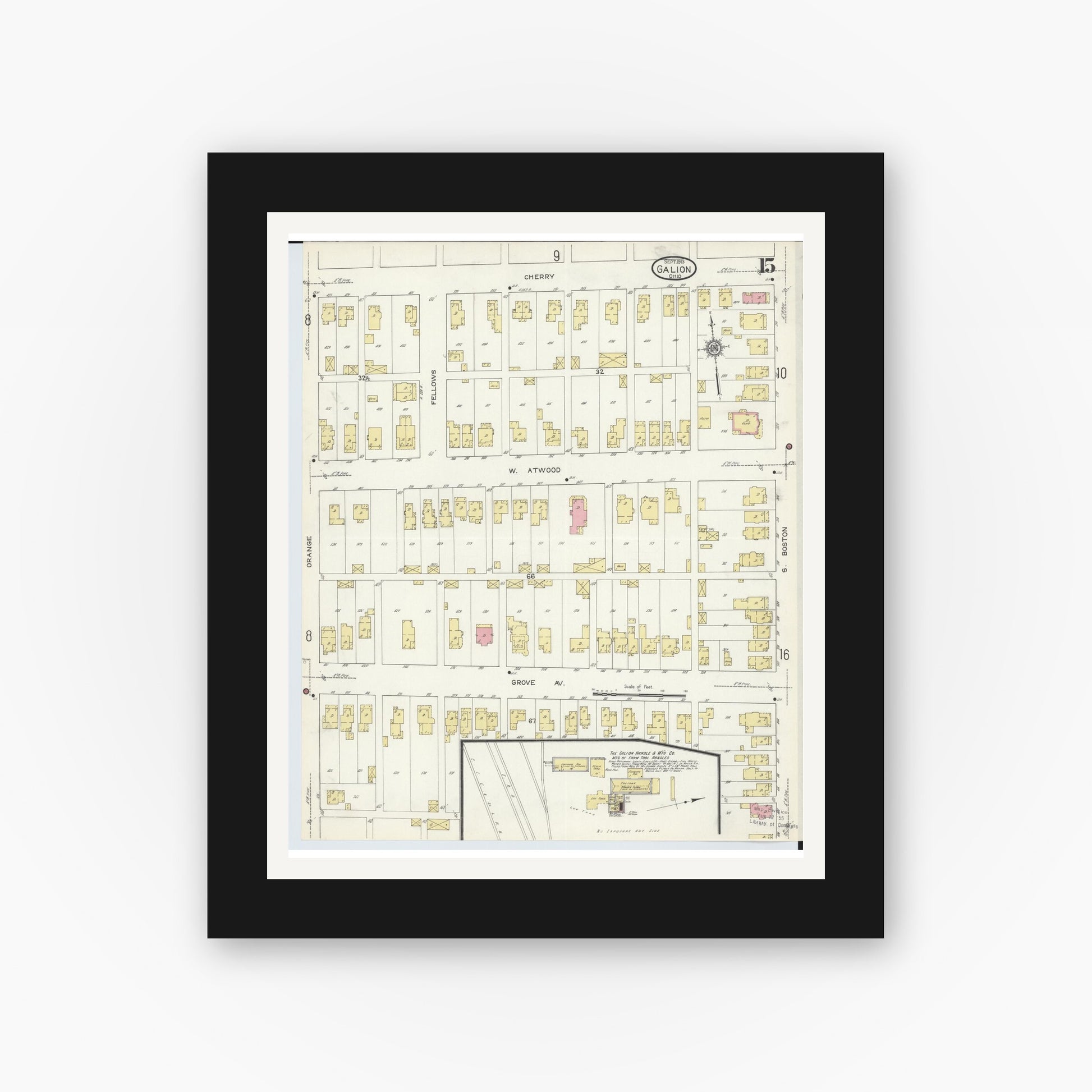Old map wall art mockup — black gallery frame with white mat — Sanborn Fire Insurance Map from Galion, Crawford County, Ohio (1913), Sheet #0015
