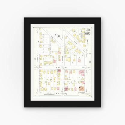 Old map wall art mockup — black gallery frame with white mat — Sanborn Fire Insurance Map from Ottumwa, Wapello County, Iowa (1909), Sheet #0019