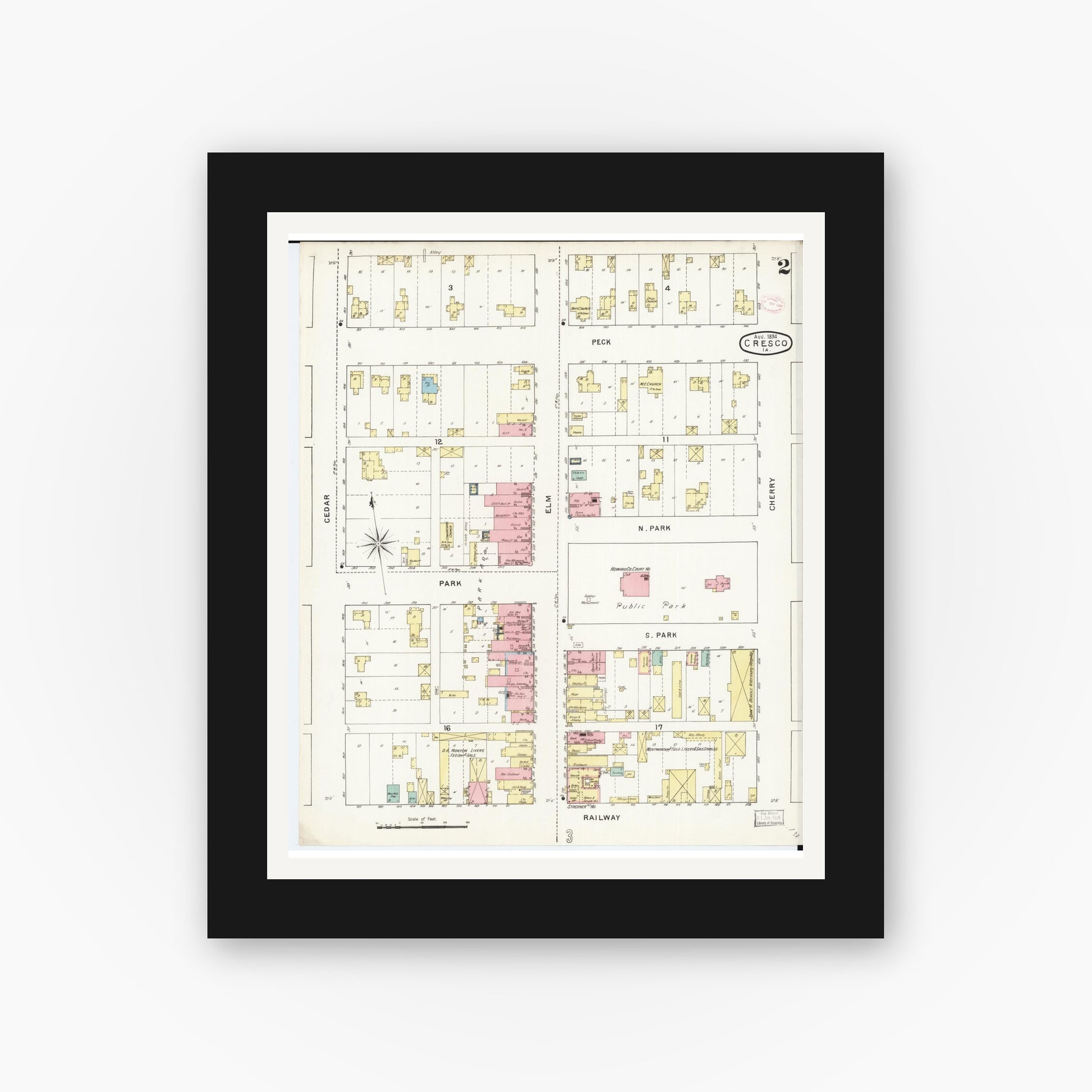Old map wall art mockup — black gallery frame with white mat — Sanborn Fire Insurance Map from Cresco, Howard County, Iowa (1894), Sheet #0002