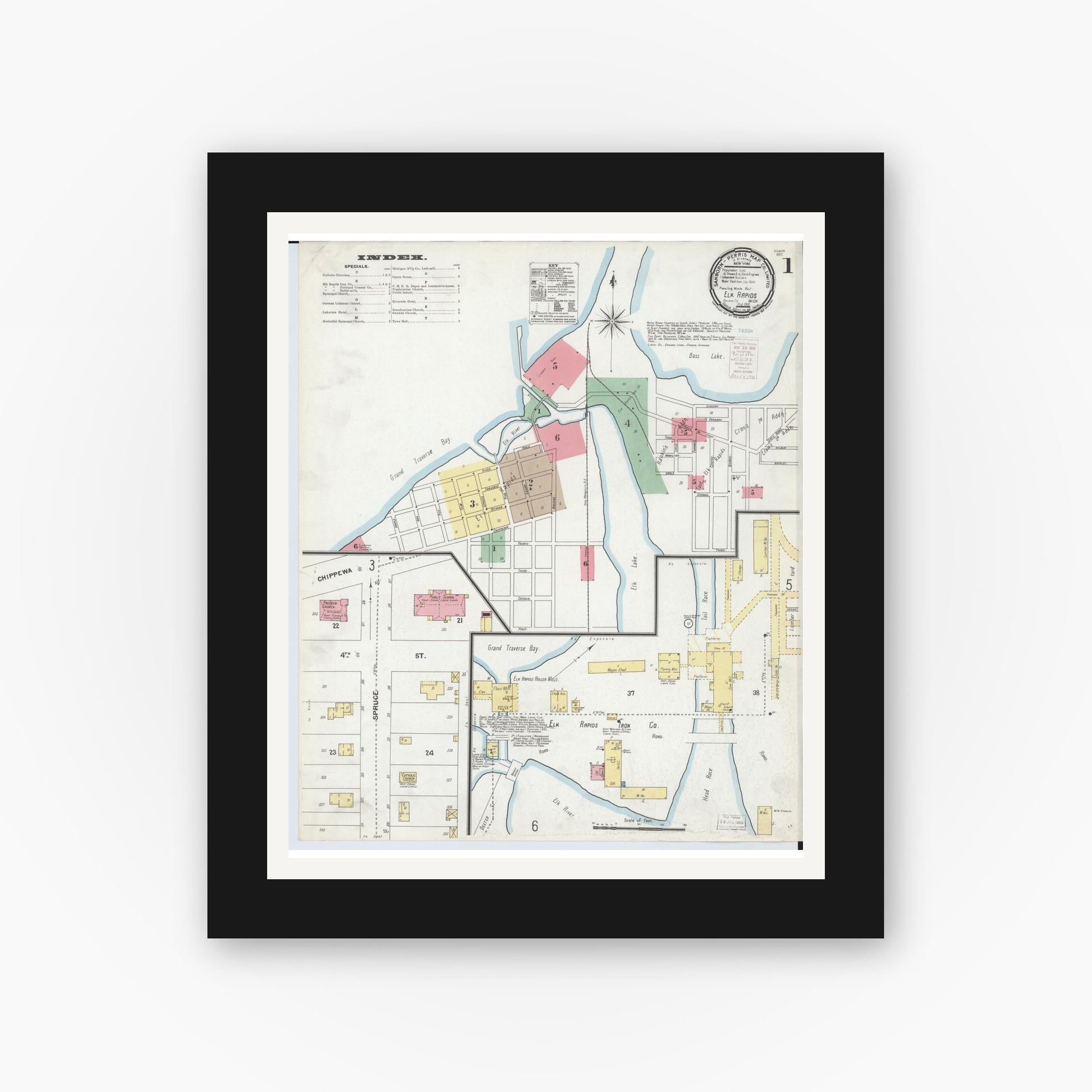 Old map wall art mockup — black gallery frame with white mat — Sanborn Fire Insurance Map from Elk Rapids, Antrim County, Michigan (1900) - Complete Map Set