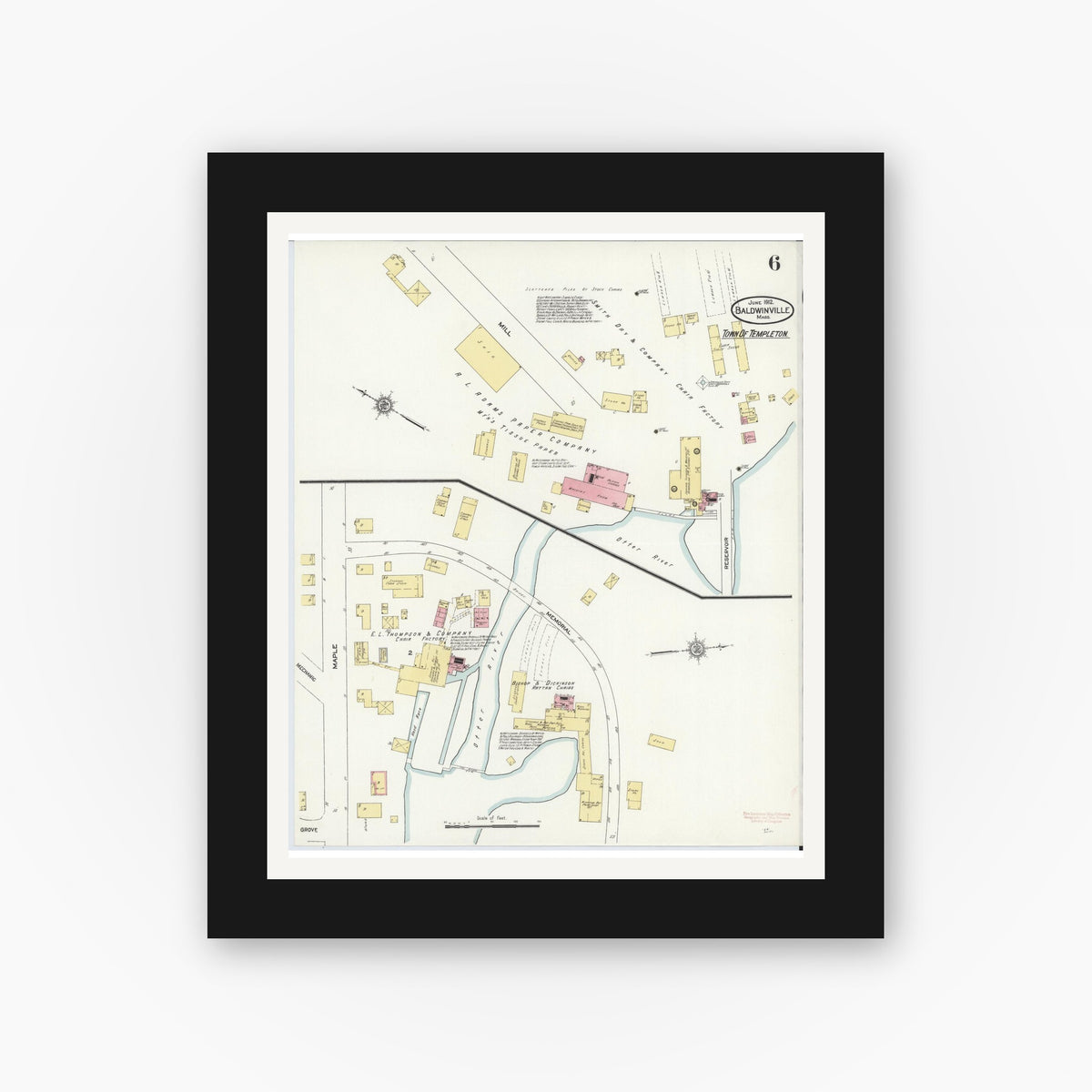 Old map wall art mockup — black gallery frame with white mat — Sanborn Fire Insurance Map from Baldwinville, Worcester County, Massachusetts (1912), Sheet #0006