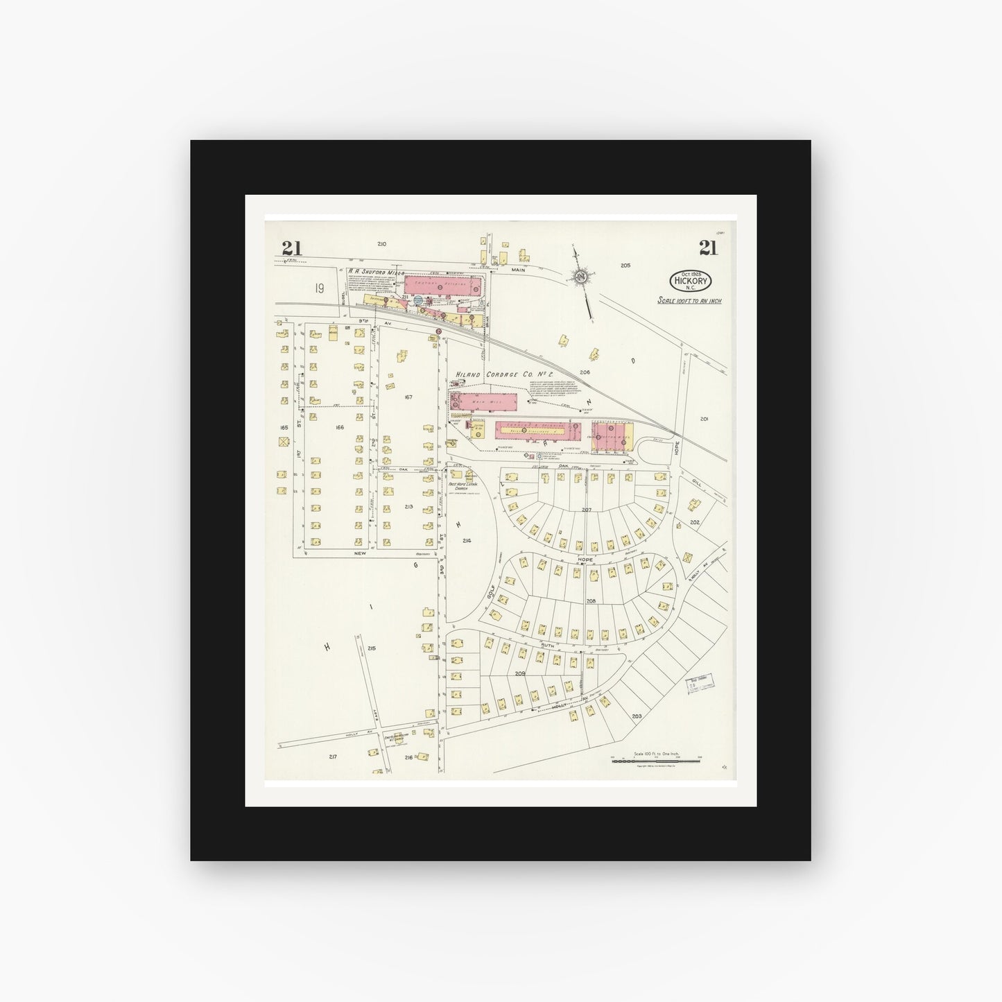 Old map wall art mockup — black gallery frame with white mat — Sanborn Fire Insurance Map from Hickory, Catawba County, North Carolina (1925), Sheet #0021