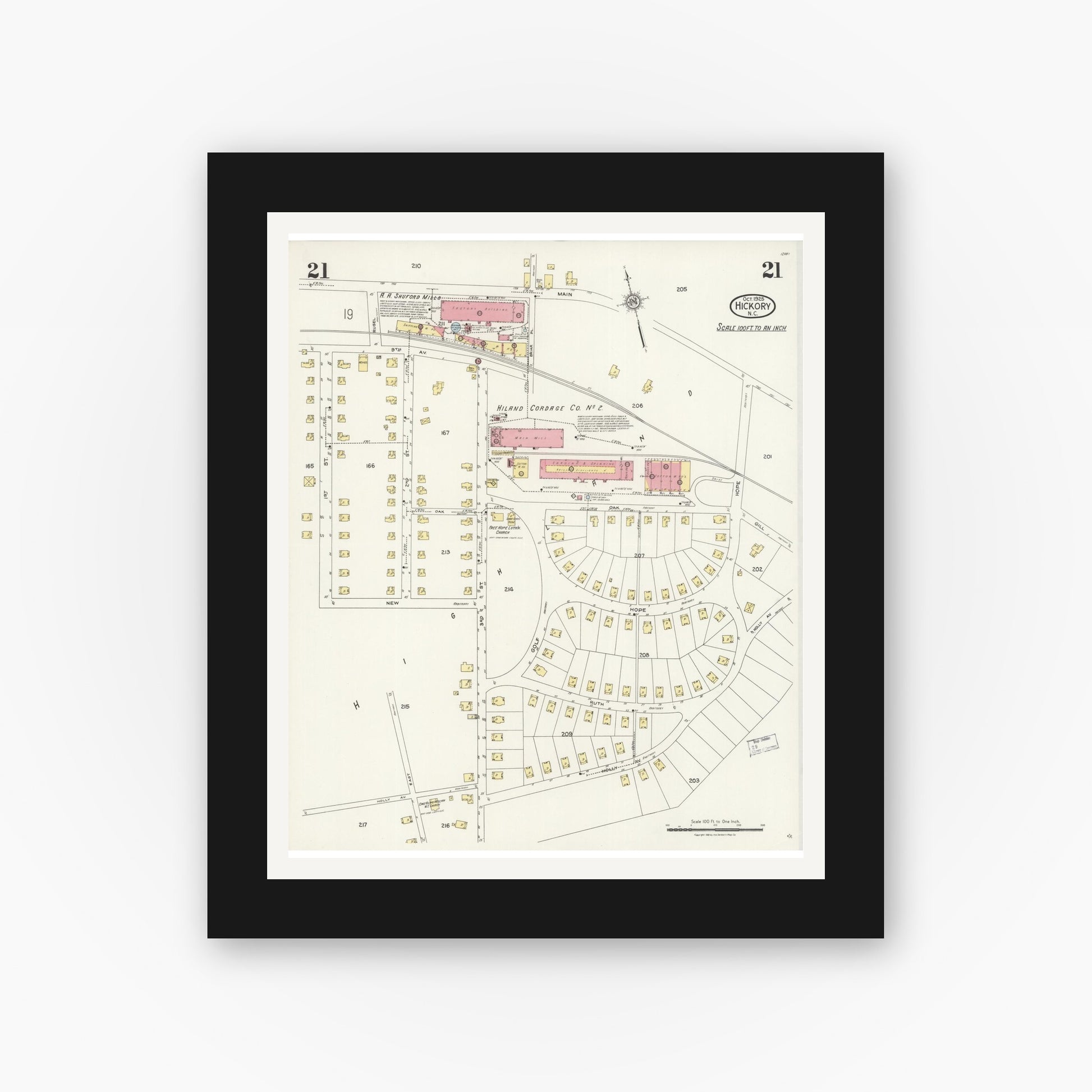 Old map wall art mockup — black gallery frame with white mat — Sanborn Fire Insurance Map from Hickory, Catawba County, North Carolina (1925), Sheet #0021