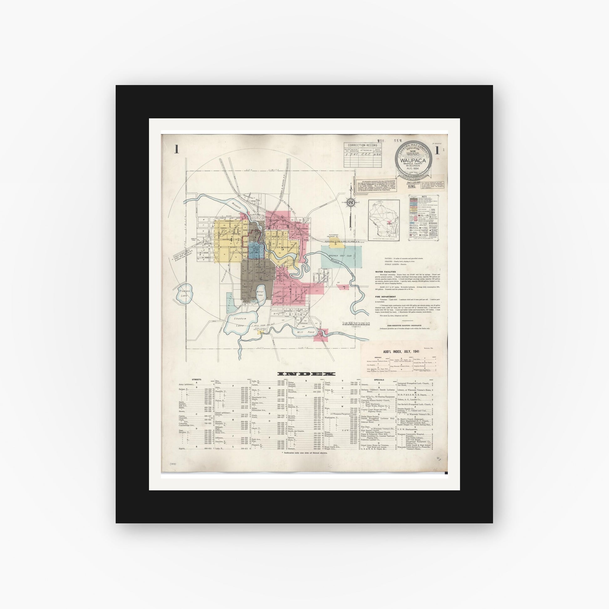 Old map wall art mockup — black gallery frame with white mat — Sanborn Fire Insurance Map from Waupaca, Waupaca County, Wisconsin (1941) - Complete Map Set