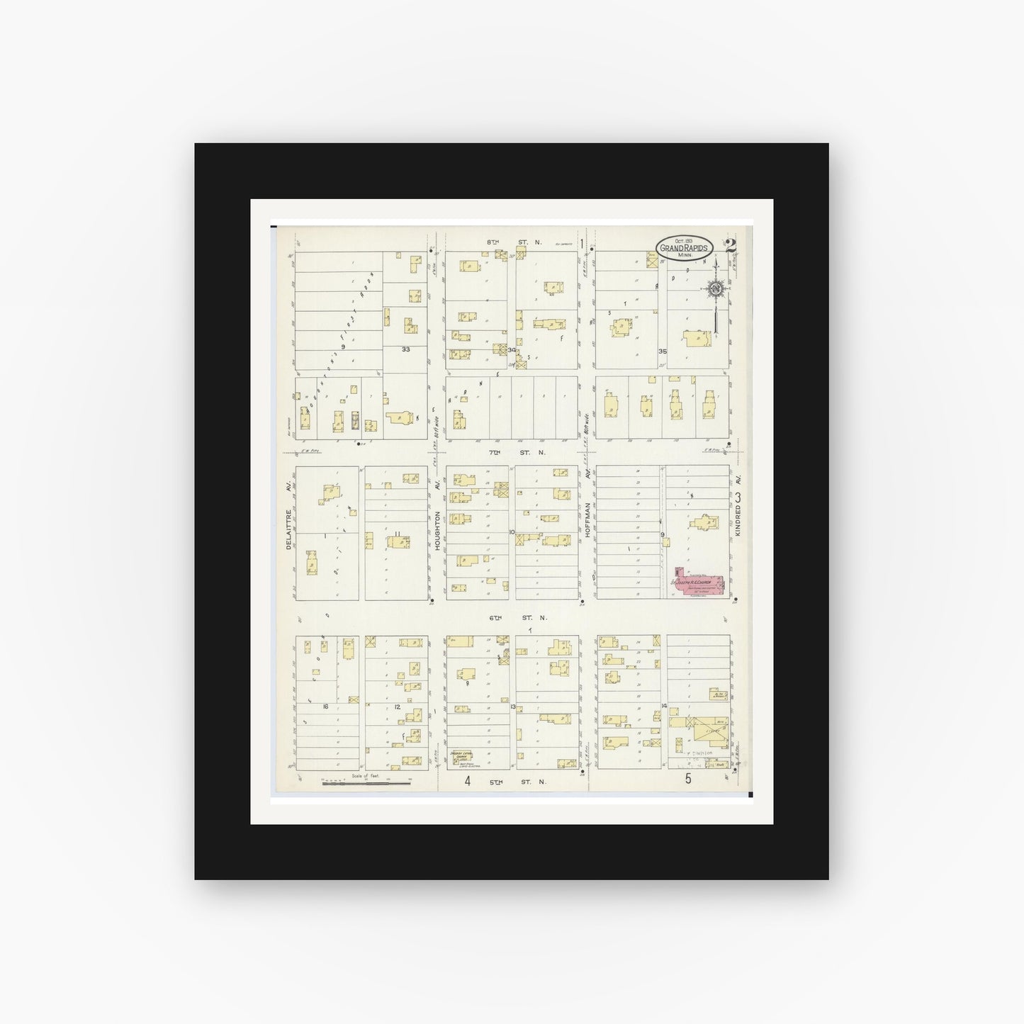 Old map wall art mockup — black gallery frame with white mat — Sanborn Fire Insurance Map from Grand Rapids, Itasca County, Minnesota (1913), Sheet #0002