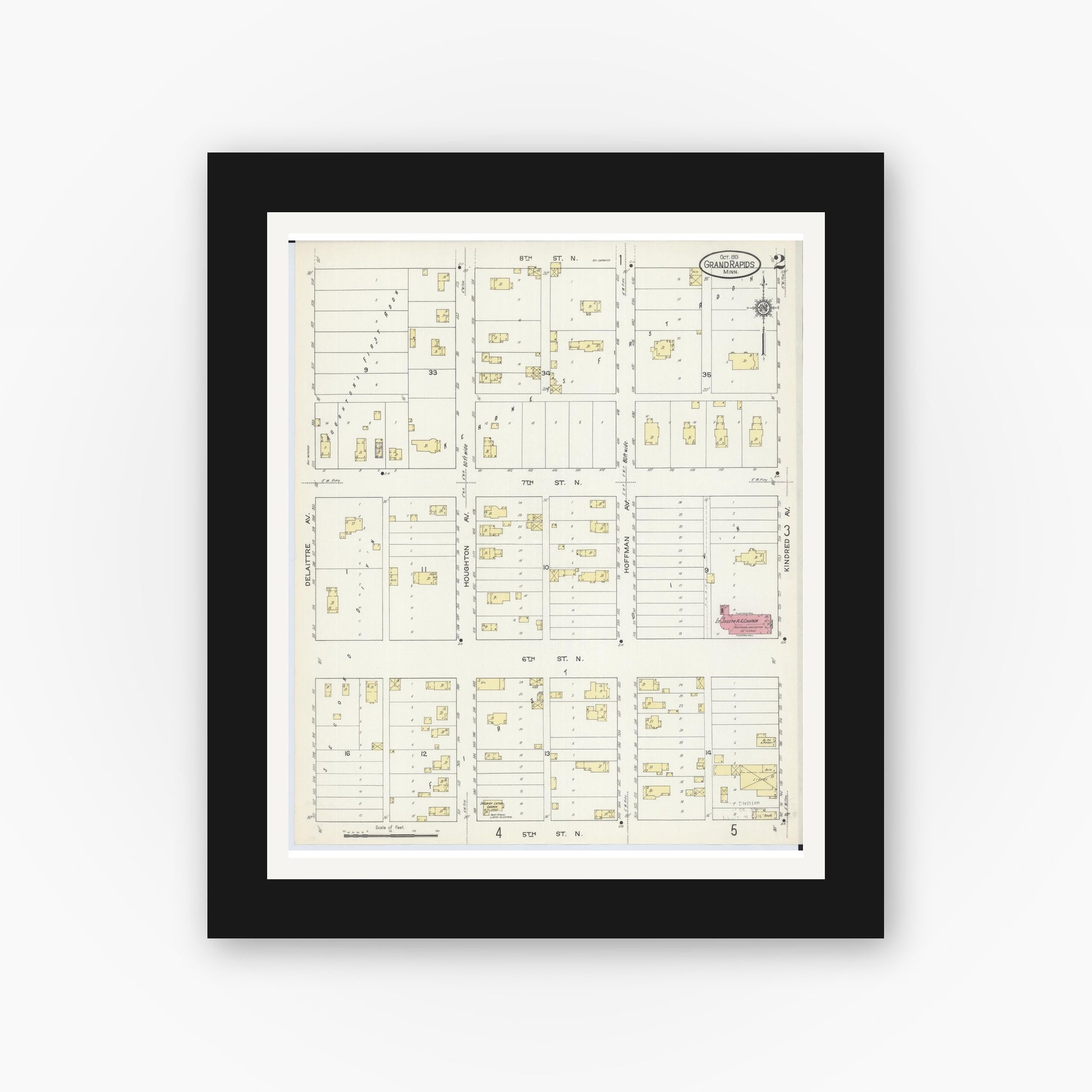 Old map wall art mockup — black gallery frame with white mat — Sanborn Fire Insurance Map from Grand Rapids, Itasca County, Minnesota (1913), Sheet #0002