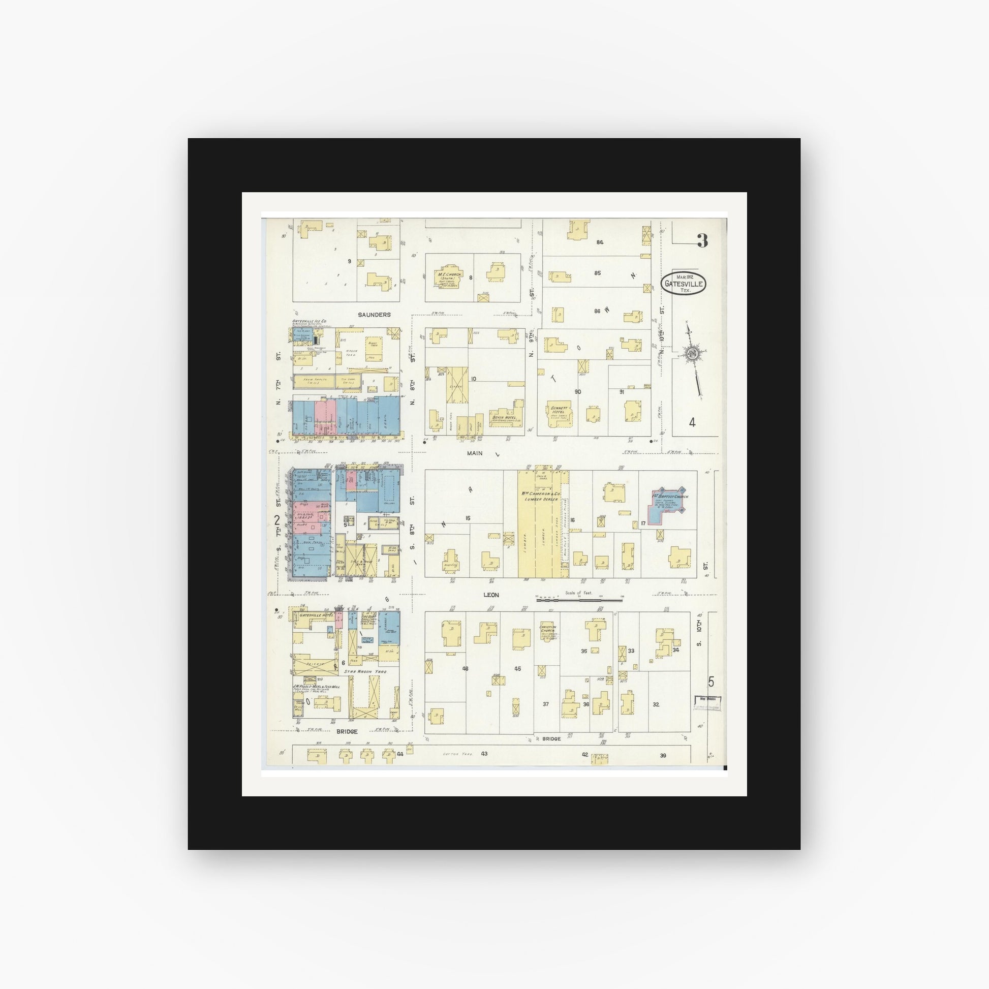 Old map wall art mockup — black gallery frame with white mat — Sanborn Fire Insurance Map from Gatesville, Coryell County, Texas (1912), Sheet #0003