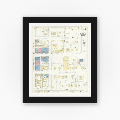 Old map wall art mockup — black gallery frame with white mat — Sanborn Fire Insurance Map from Gatesville, Coryell County, Texas (1912), Sheet #0003