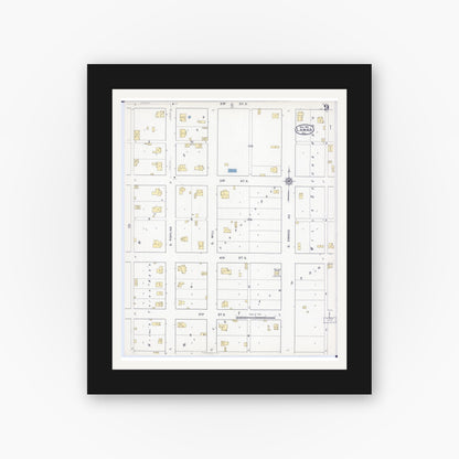 Old map wall art mockup — black gallery frame with white mat — Sanborn Fire Insurance Map from Lamar, Barton County, Missouri (1916), Sheet #0009